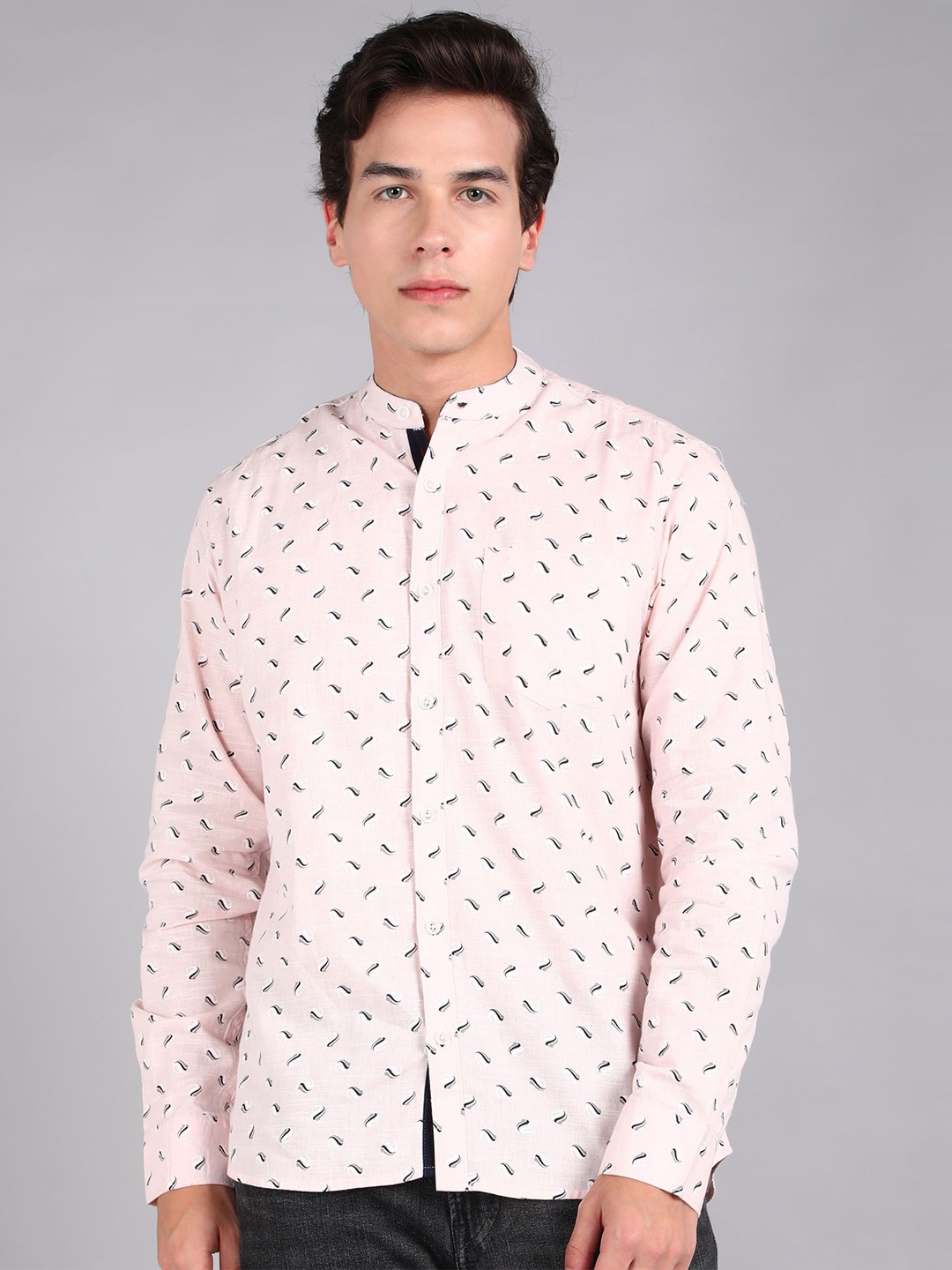 

Urbano Fashion Conversational Printed Band Collar Pure Cotton Shirt, Pink
