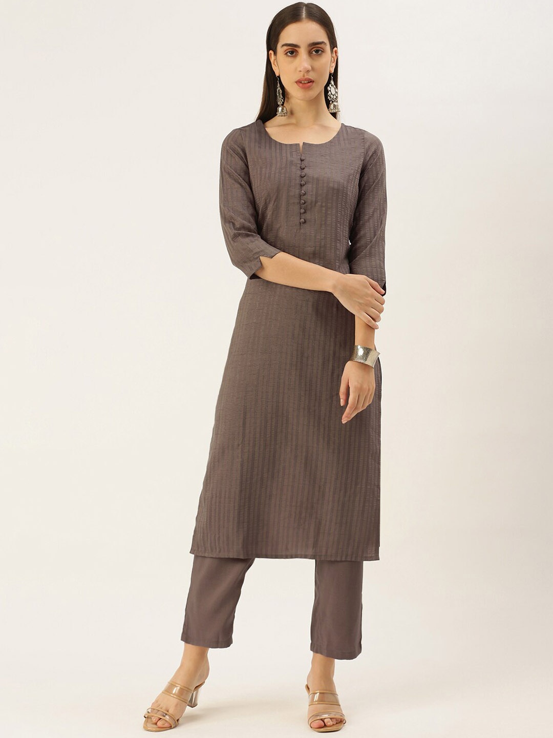

Saanjh Grey Notched Neck Striped Kurta with Trousers, Brown