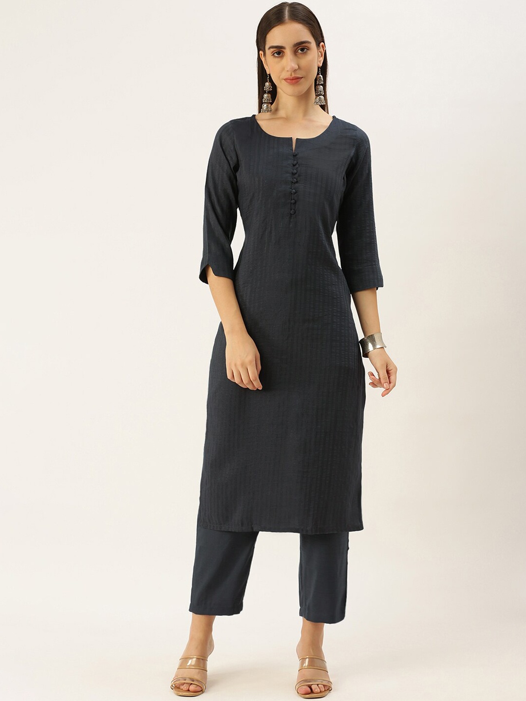 

Saanjh Grey Notched Neck Striped Kurta with Trousers