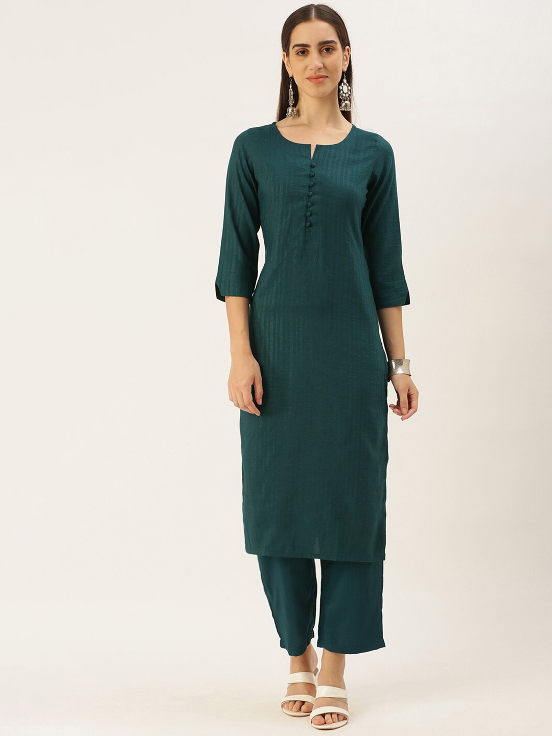 

Saanjh Green Notched Neck Striped Kurta with Trousers