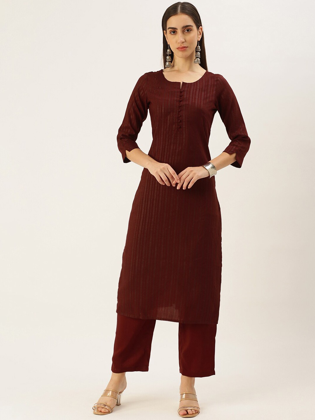 

Saanjh Maroon Notched Neck Striped Kurta with Trousers