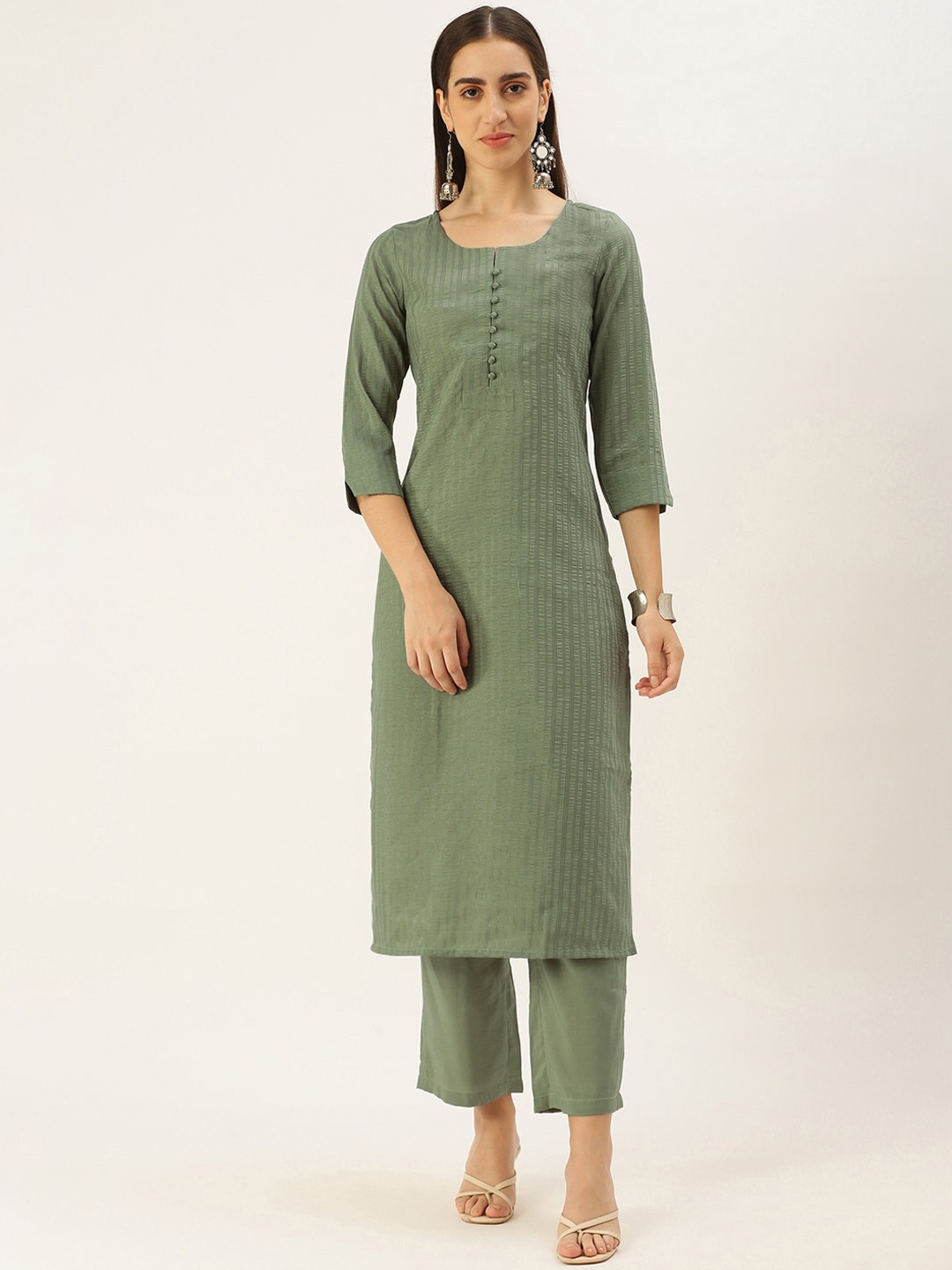 

Saanjh Olive Green Notched Neck Striped Kurta with Trousers