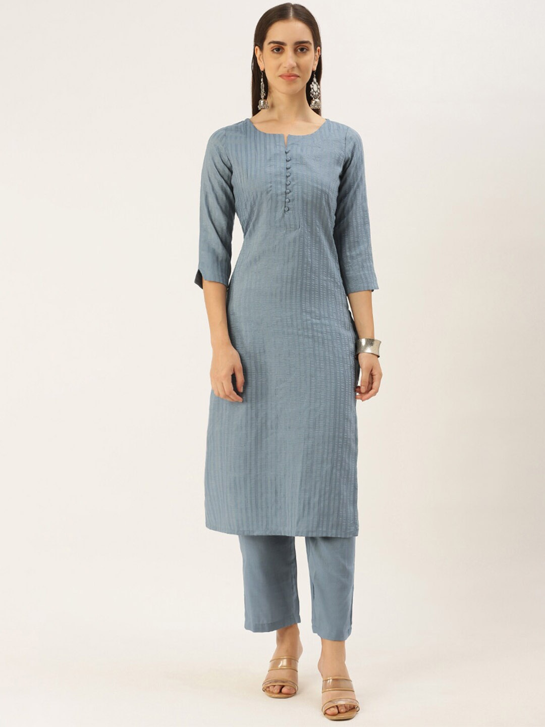 

Saanjh Blue Notched Neck Striped Kurta with Trousers
