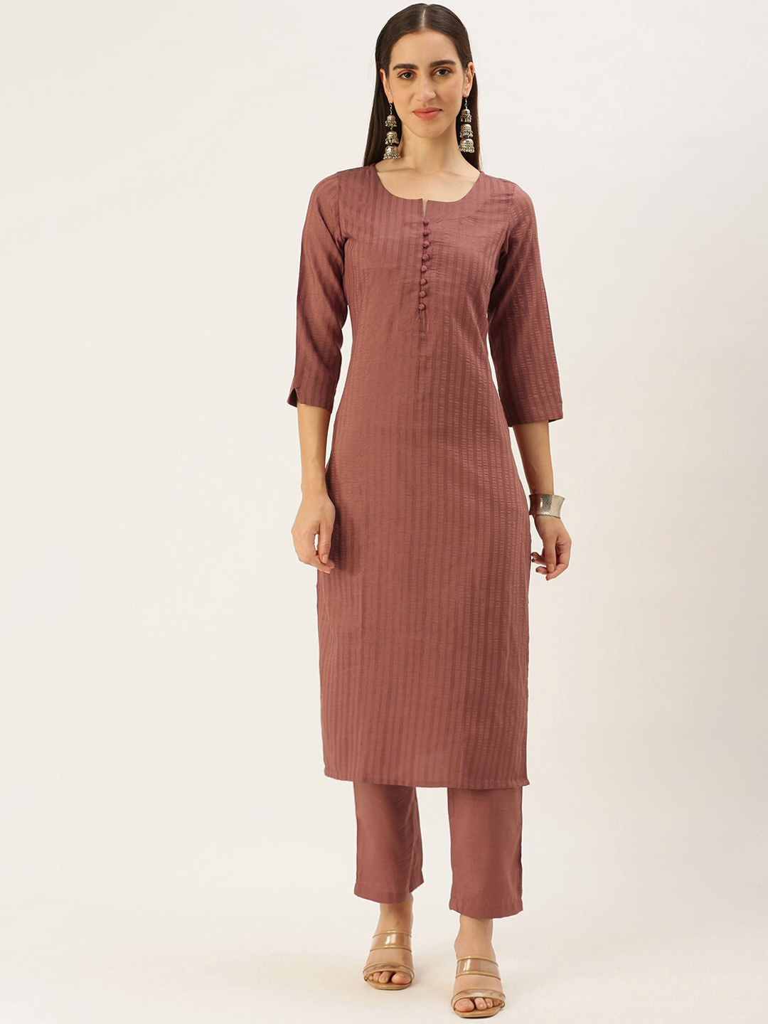 

Saanjh Brown Striped Notched Neck Kurta with Trousers