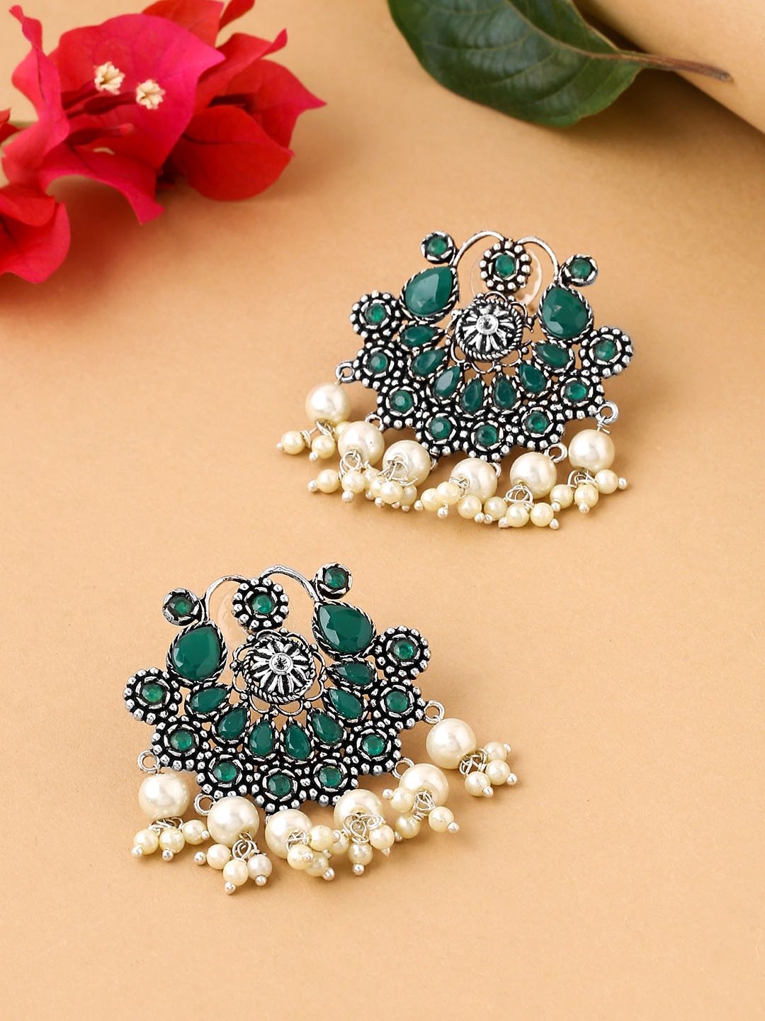 

Yellow Chimes Contemporary Floral Shaped Chandbalis Earrings, Green