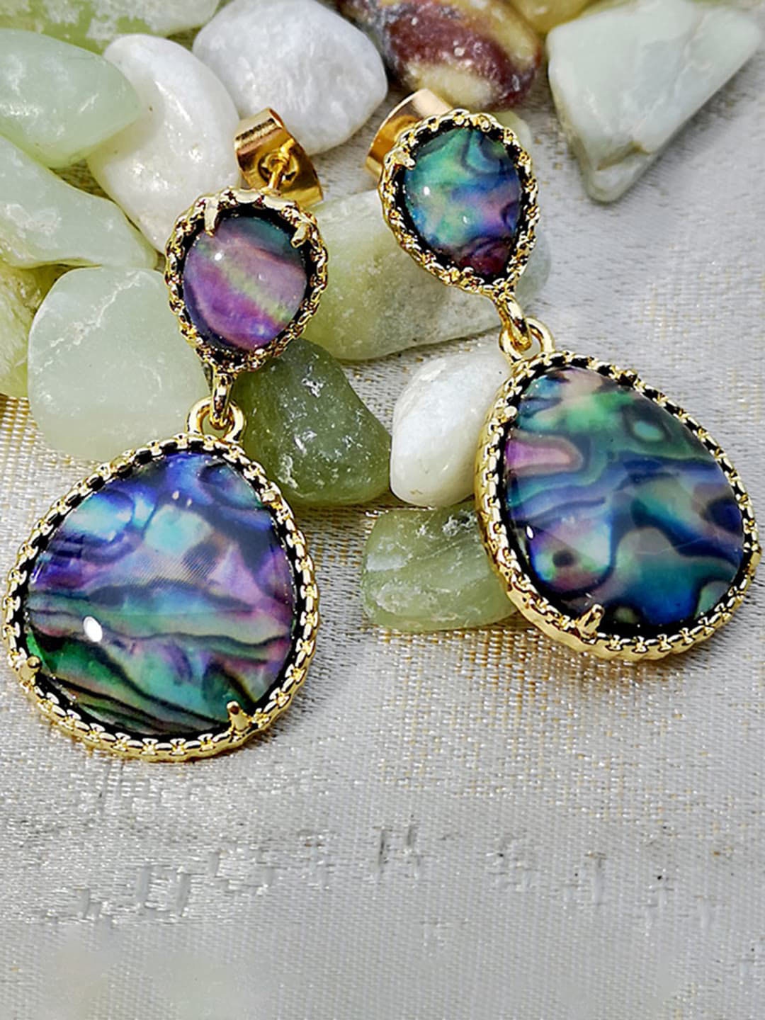 

Yellow Chimes Gold Plated Tear Drop Shaped Stone Studded Drop Earrings, Green