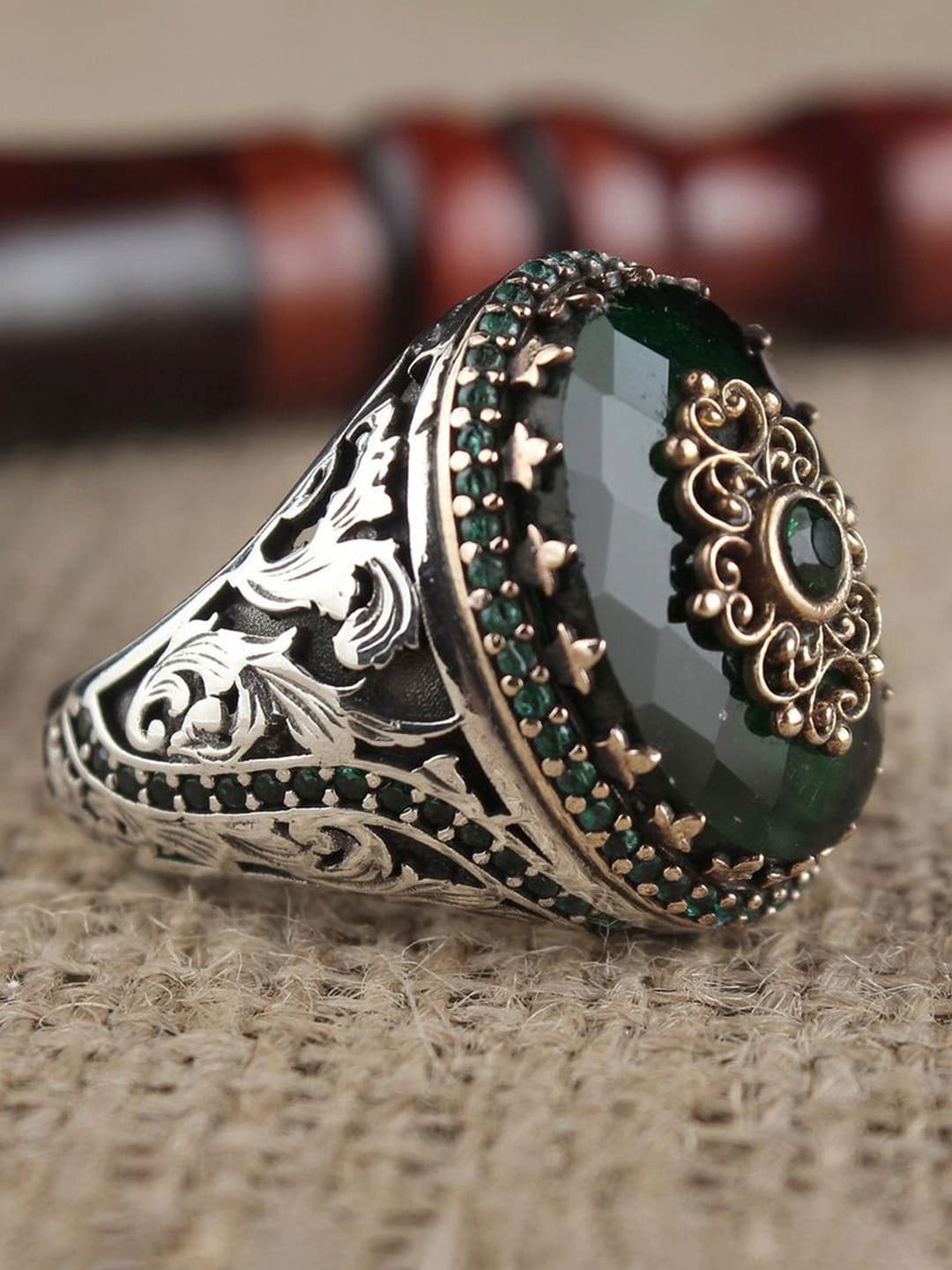 

Yellow Chimes Crystal-Studded Oxidised Finger Ring, Green