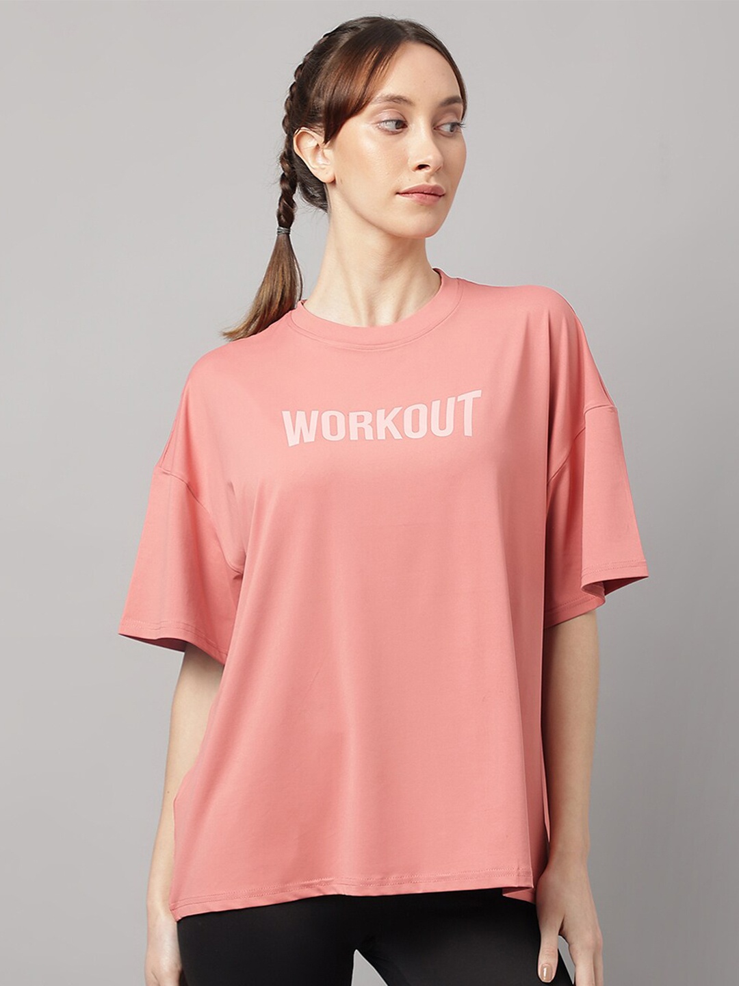 

MKH Women Pink Oversized Typography Dri-FIT T-shirt