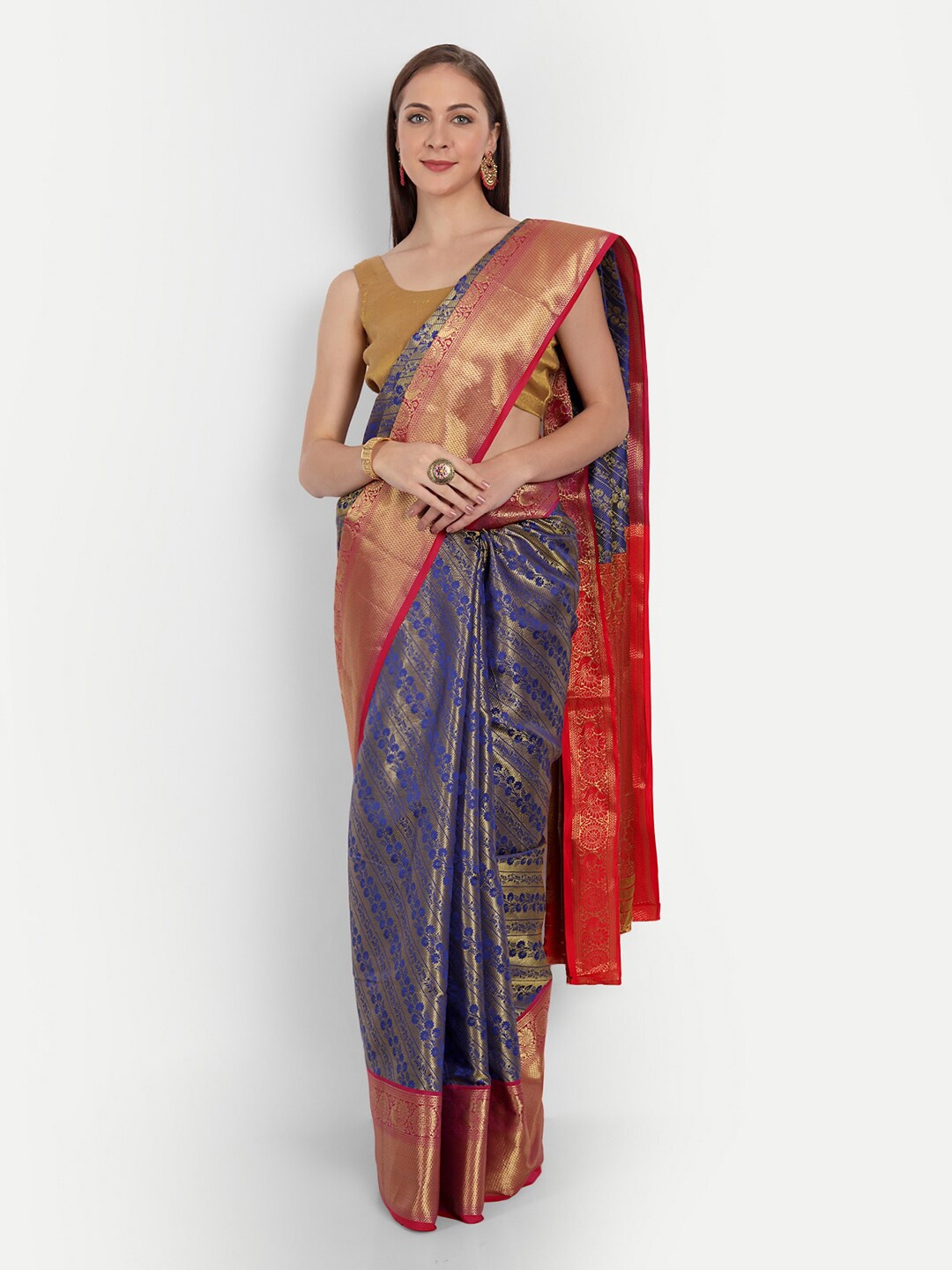 

AVANTIKA FASHION Floral Woven Design Zari Pure Silk Kanjeevaram Saree, Navy blue