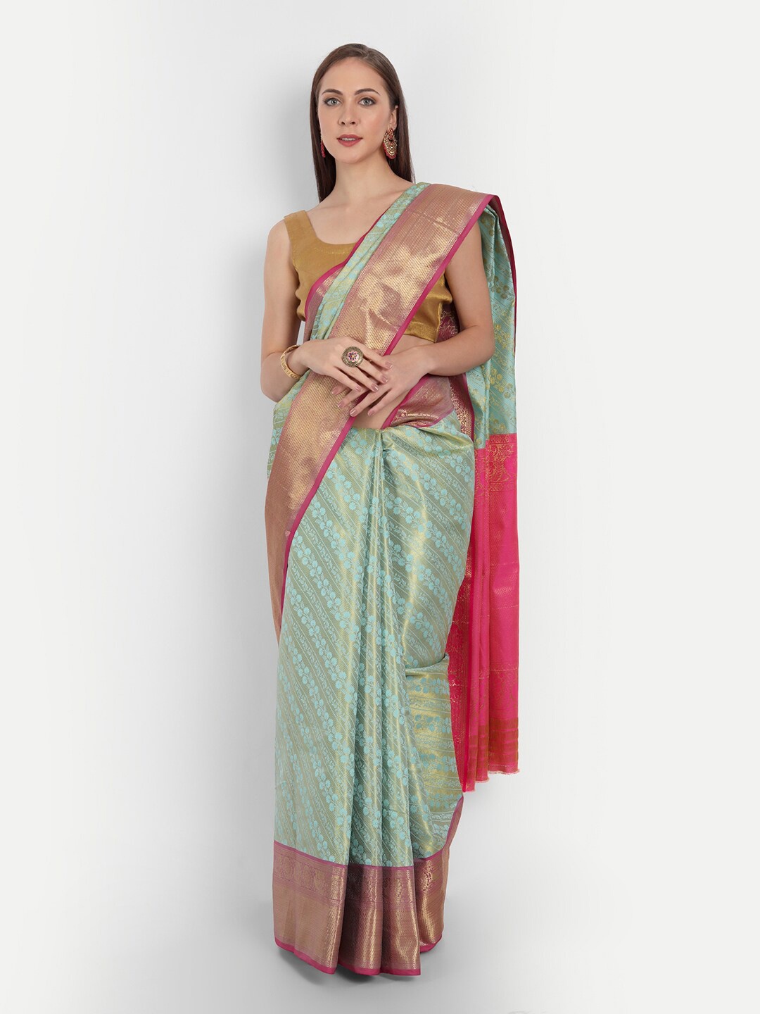 

AVANTIKA FASHION Floral Woven Design Zari Pure Silk Kanjeevaram Saree, Sea green