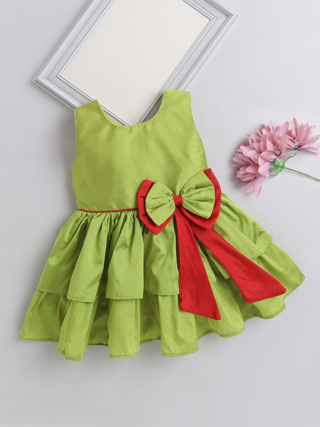 

The Magic Wand Girls Round Neck Bow Layered Satin Fit & Flare Dress, Green