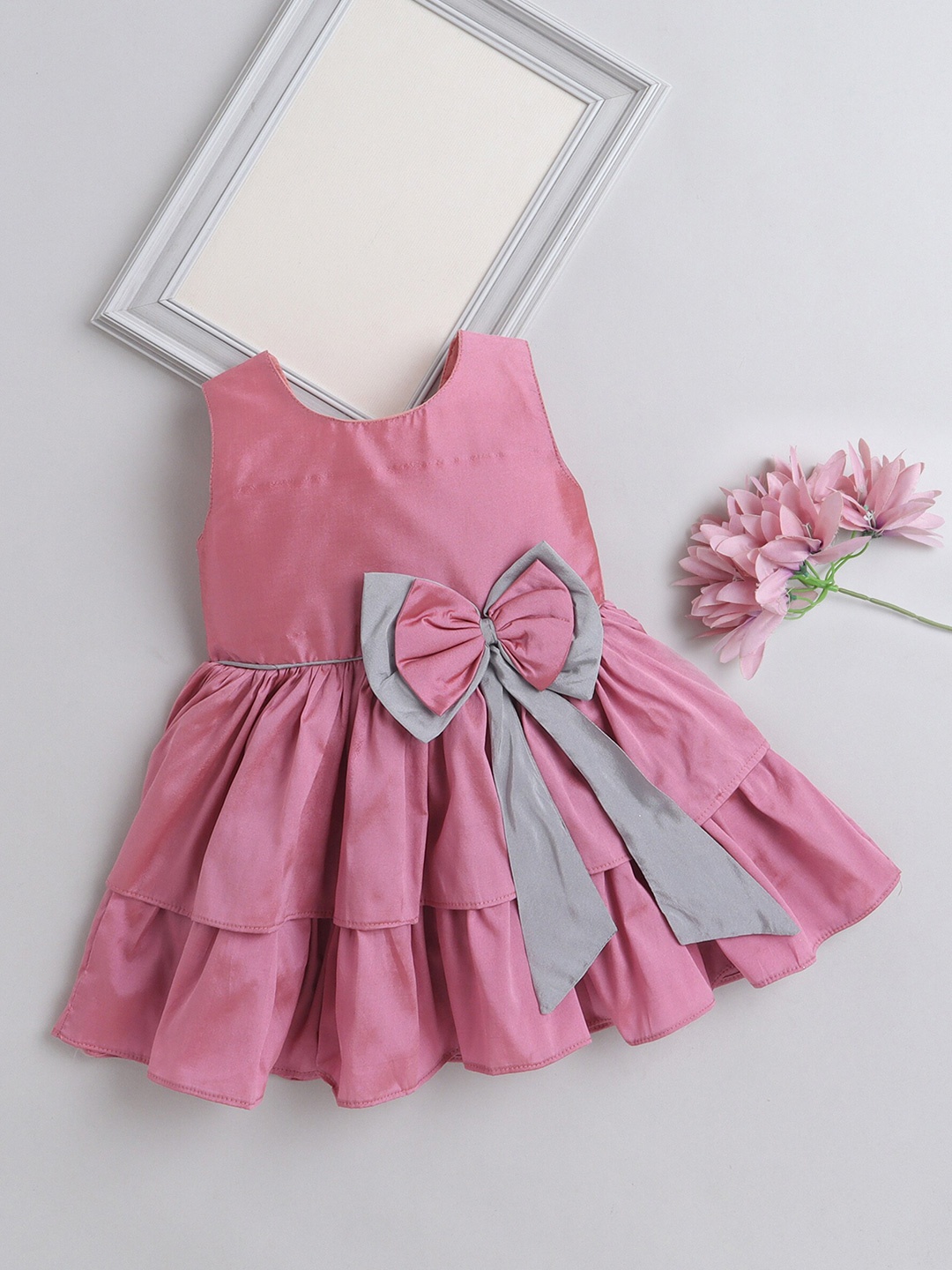 

The Magic Wand Girls Round Neck Bow Layered Satin Fit & Flare Dress, Pink