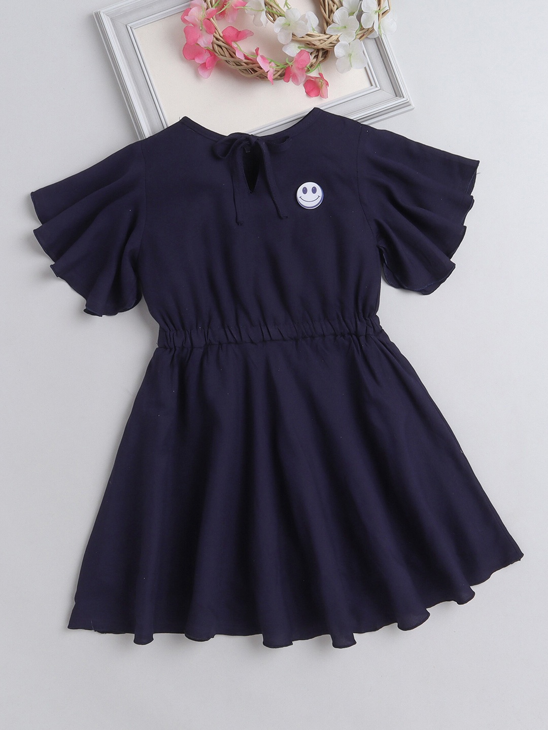 

The Magic Wand Girls Tie-Up Neck Flutter Sleeves Gathered And Pleated Fit & Flare Dress, Navy blue