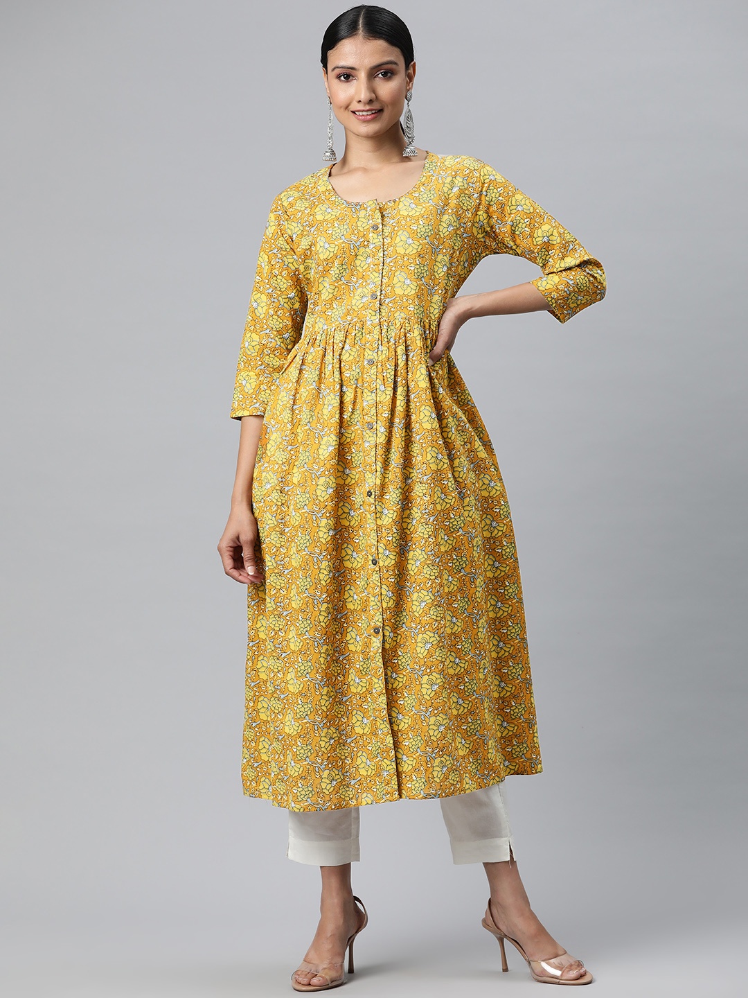 

KALINI Women Mustard Yellow Floral Printed Thread Work Kurta