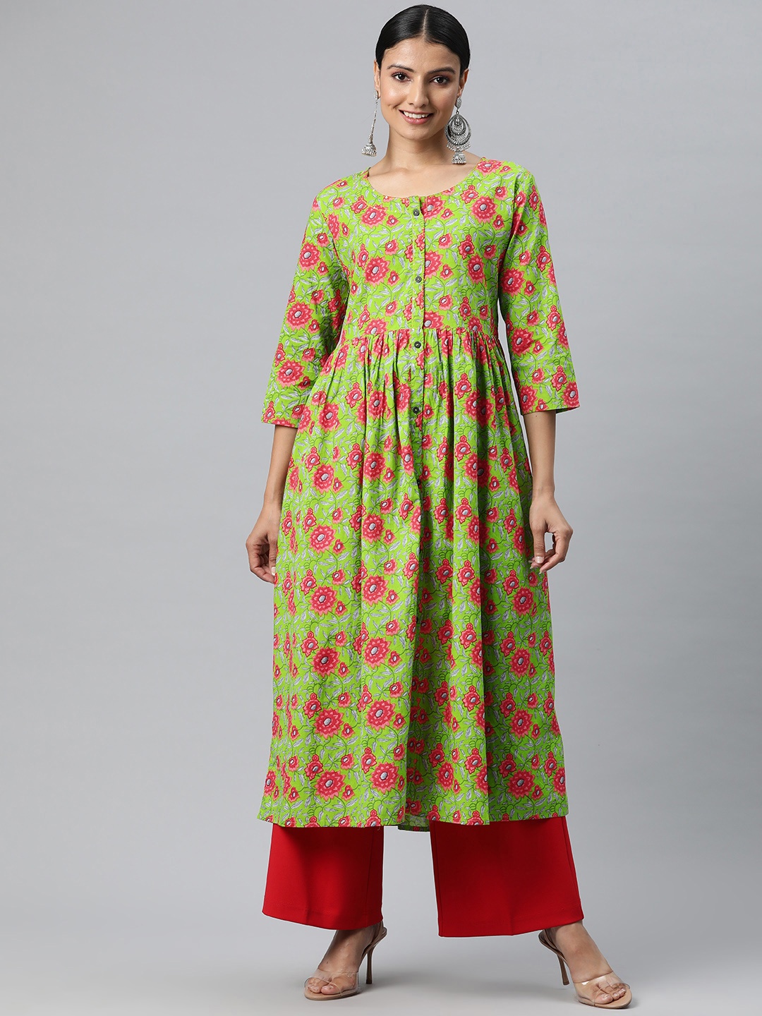 

KALINI Women Green & Red Floral Printed Thread Work Floral Kurta