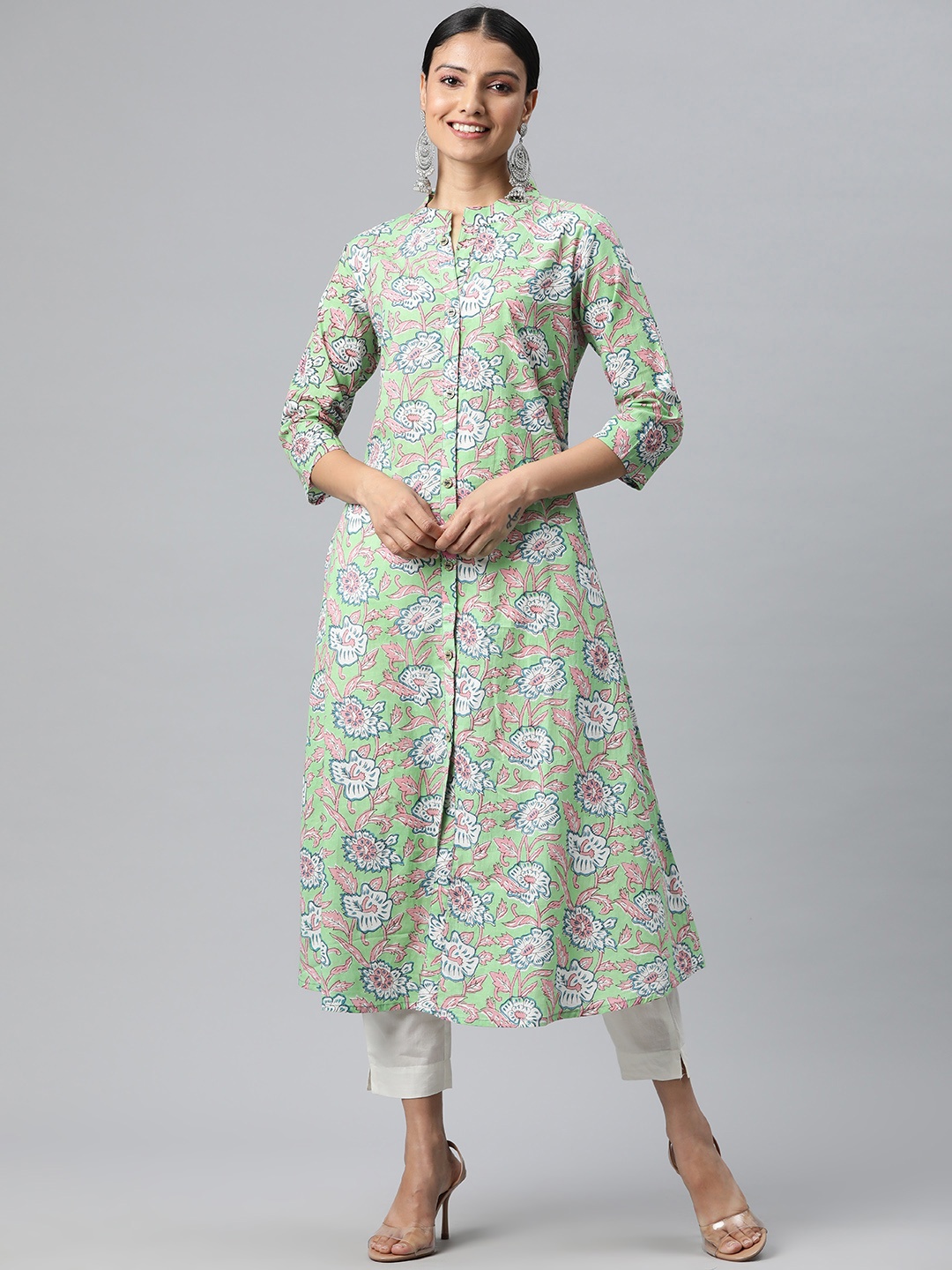 

KALINI Women Green & Peach-Coloured Floral Printed Kurta
