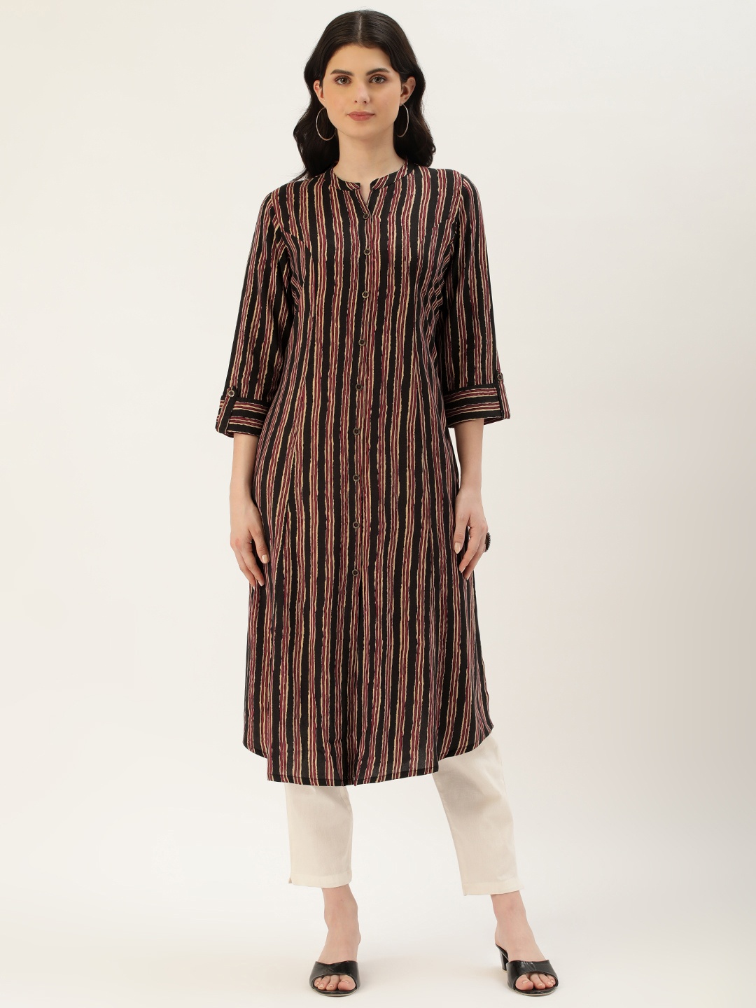 

AMUKTI Women Grey & Beige Striped Pathani Kurta