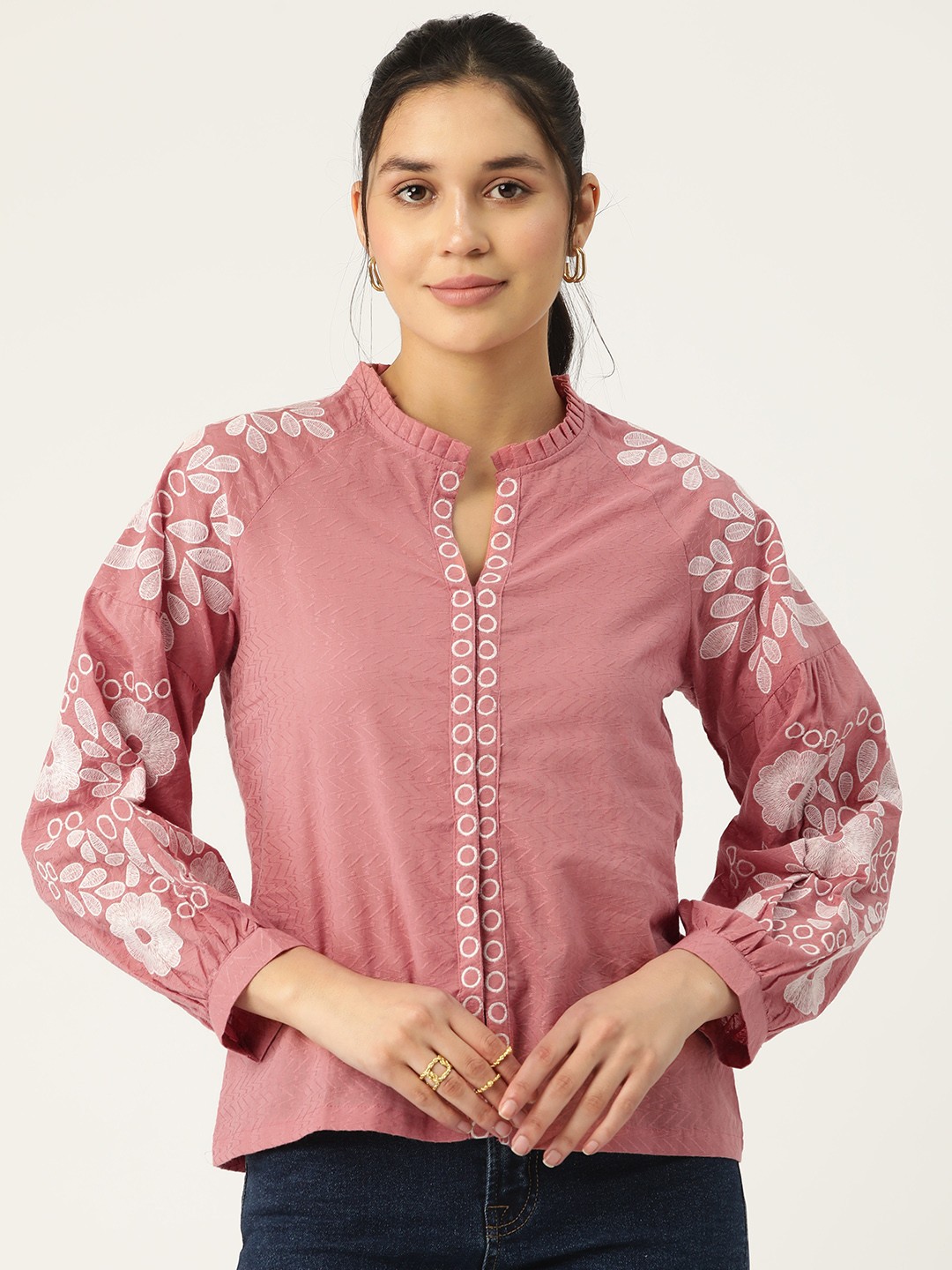 

MISRI Floral Embroidered Mandarin Collar Puff Sleeves Cotton Top, Pink