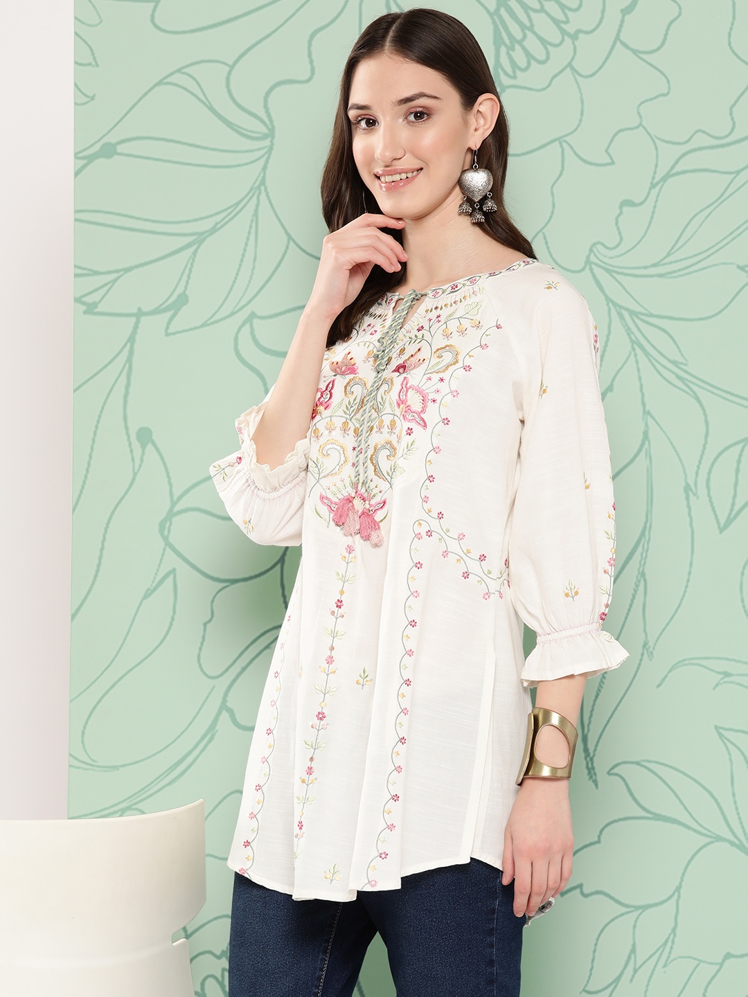 

Nayam By Lakshita Floral Embroidered Thread Work Pure Cotton Panelled Kurti, Off white