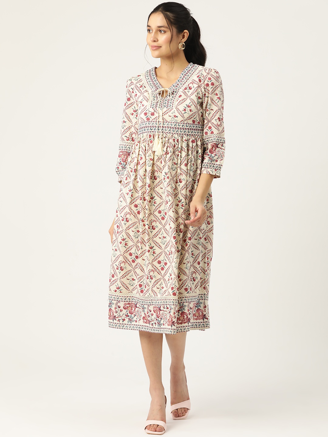 

MISRI Floral Print Tie-Up Neck A-Line Midi Dress, Off white