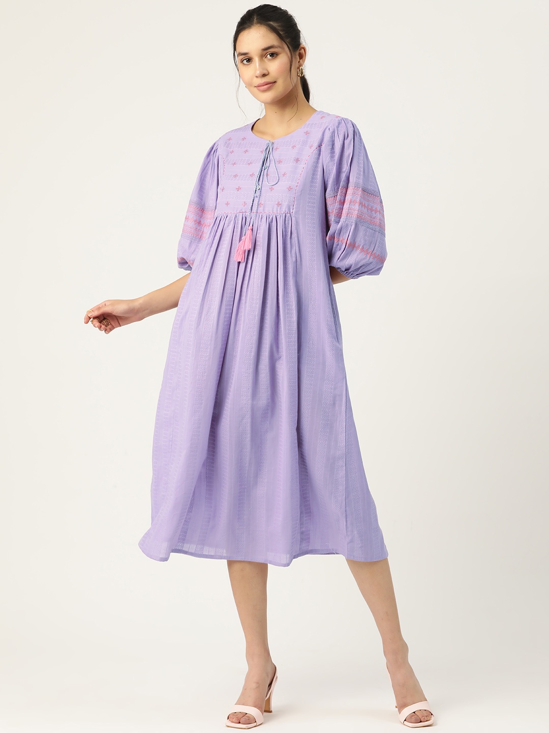 

MISRI Floral Embroidered Tie-Up Neck Puff Sleeve A-Line Midi Dress, Purple