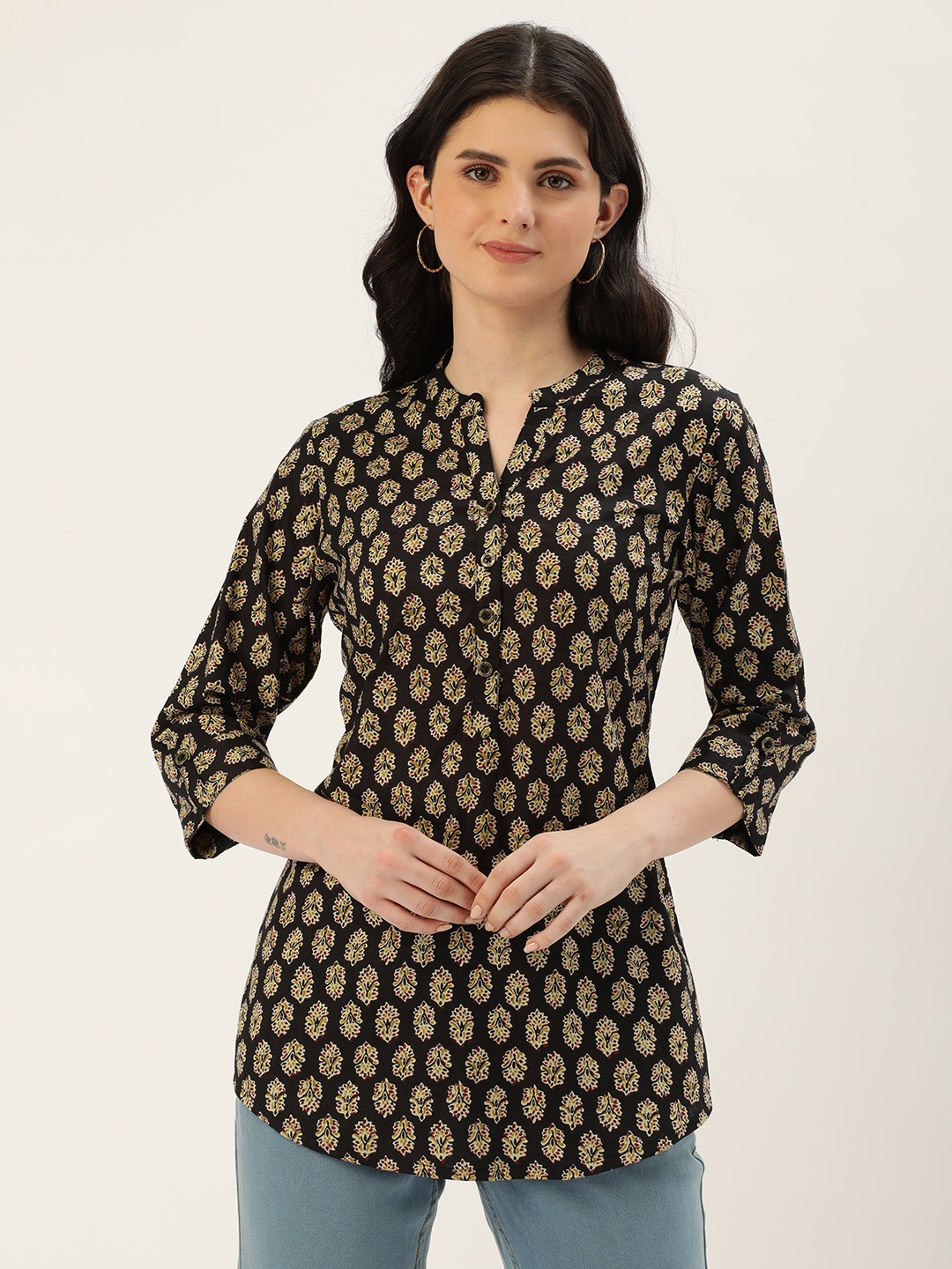 

AMUKTI Mandarin Collar Printed Ethnic Tunic, Black