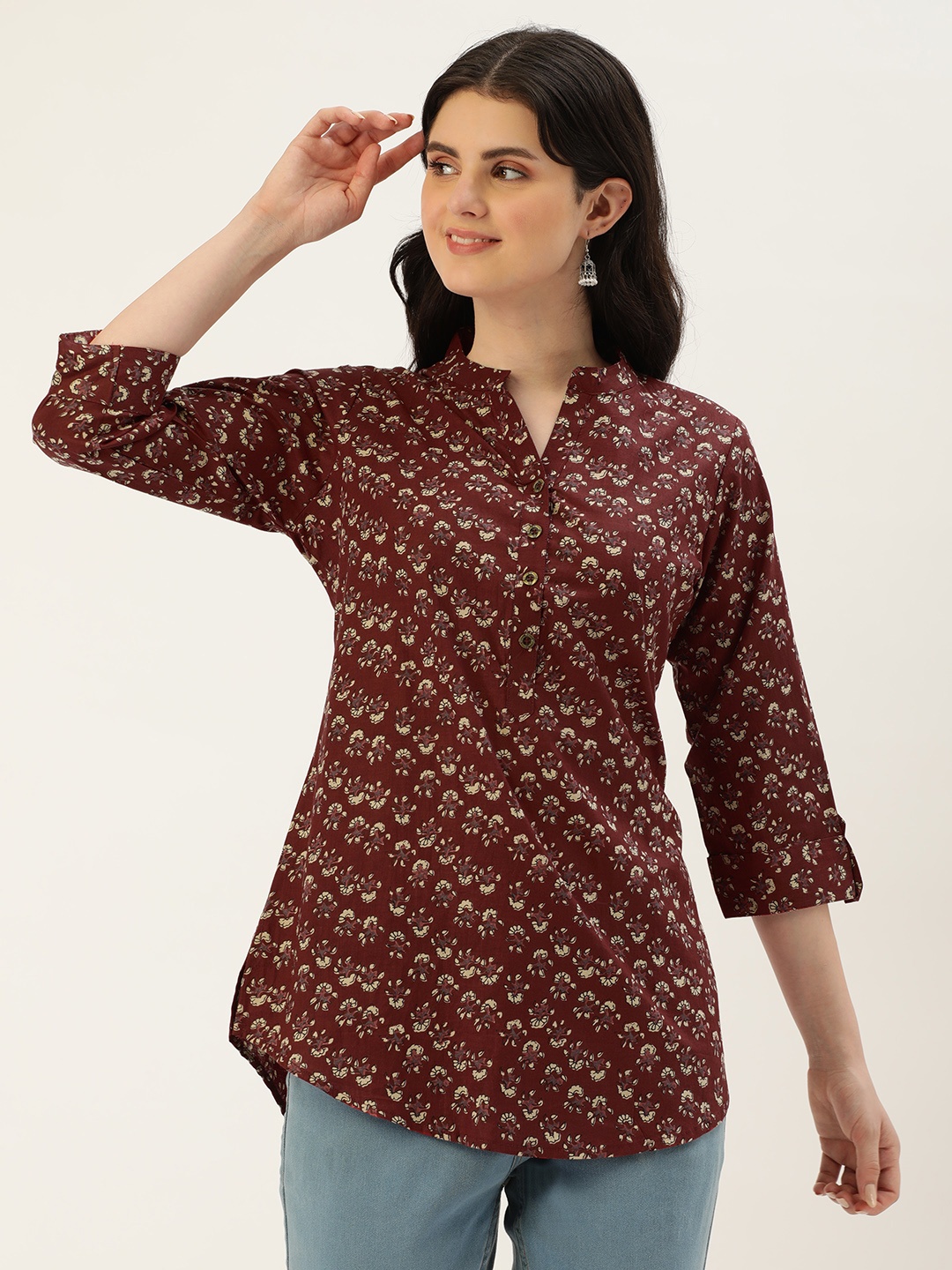 

AMUKTI Mandarin Collar Printed Tunic, Red