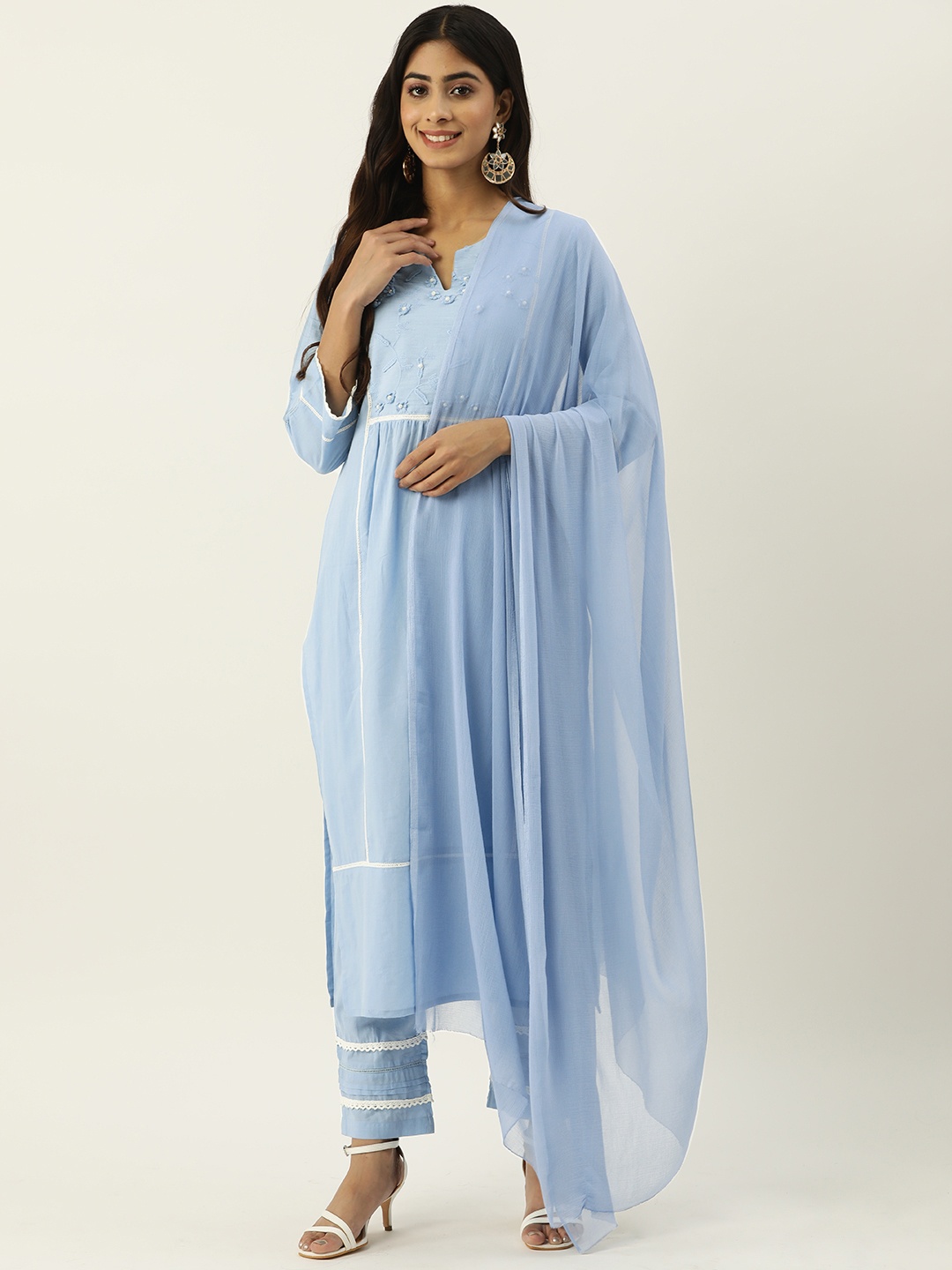 

MISRI Women Floral Embroidered Beads Pure Cotton Kurta with Trousers & With Dupatta, Blue