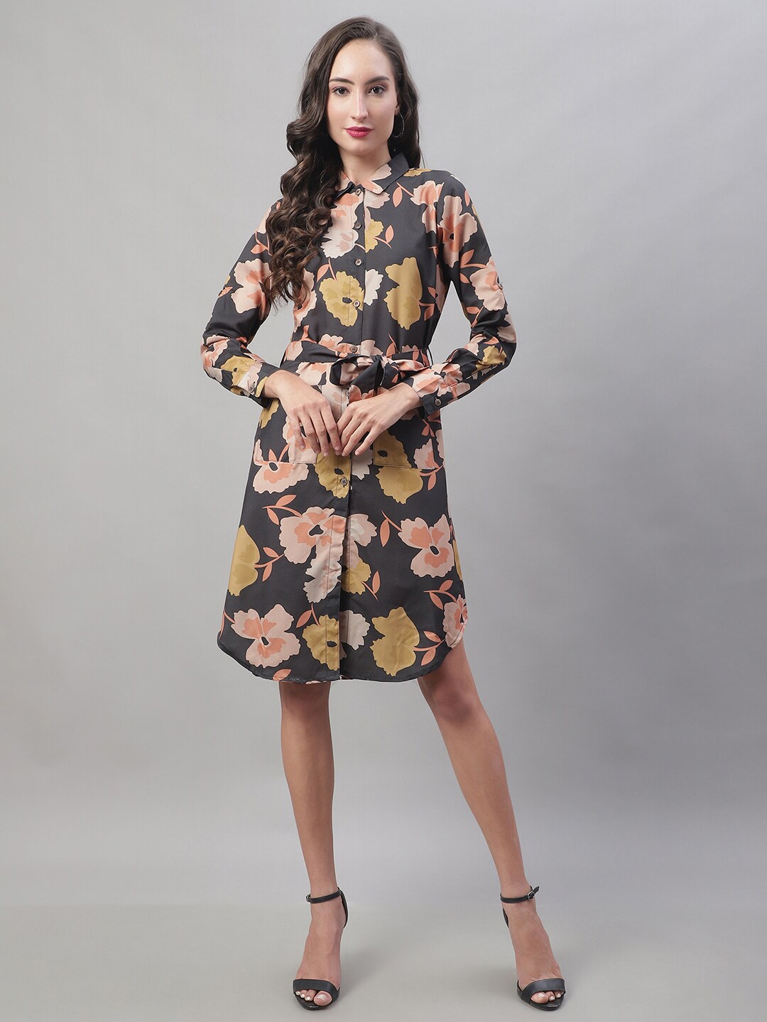 

JAINISH Charcoal Floral Print A-Line Dress