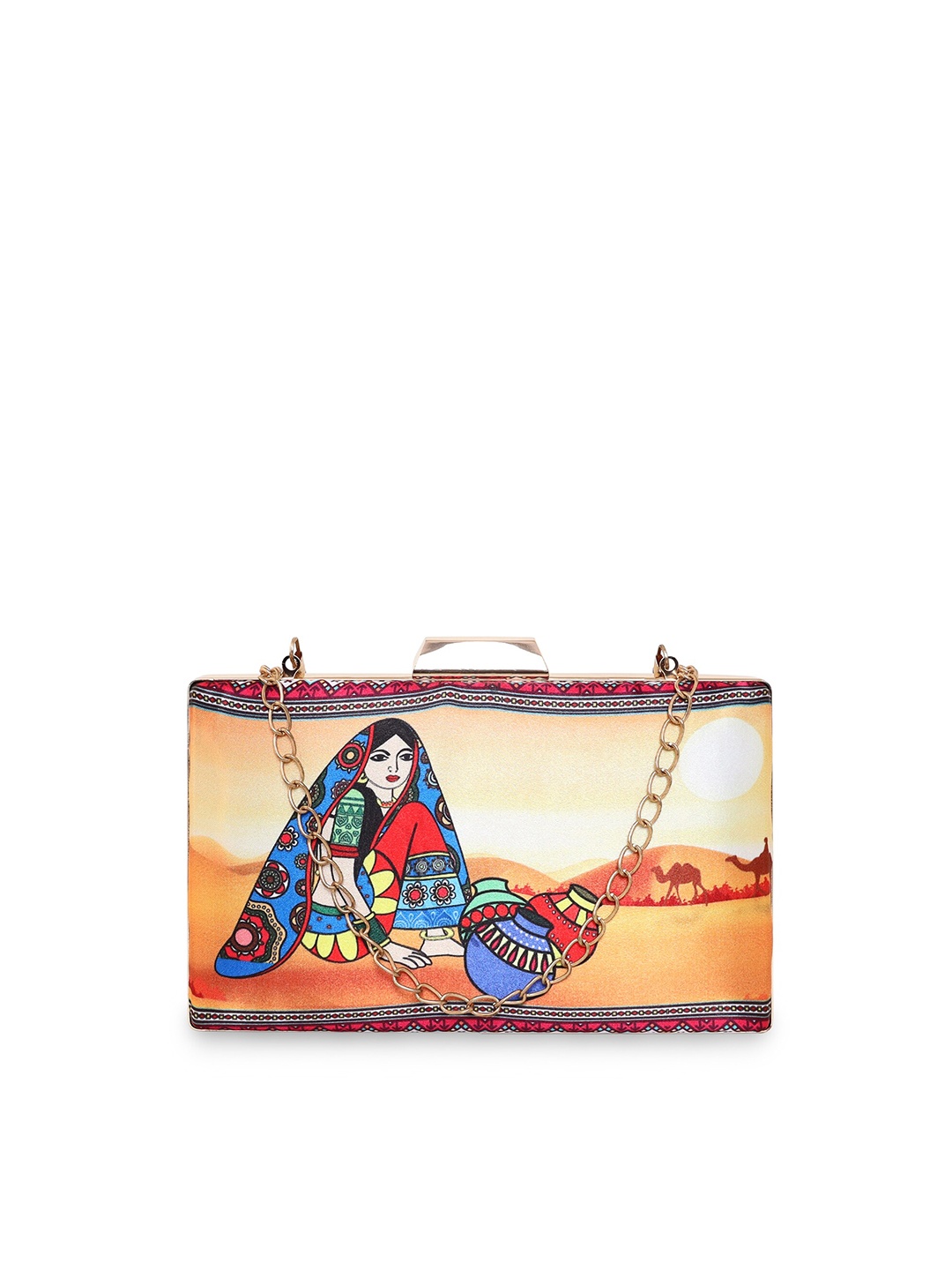 

Sabhyata Printed Box Clutch With Shoulder Strap, Orange