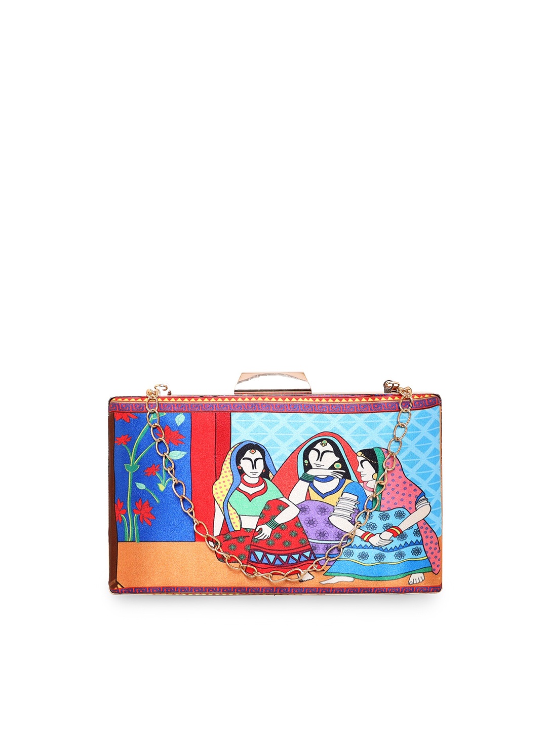 

Sabhyata Printed Box Clutch With Shoulder Strap, Blue