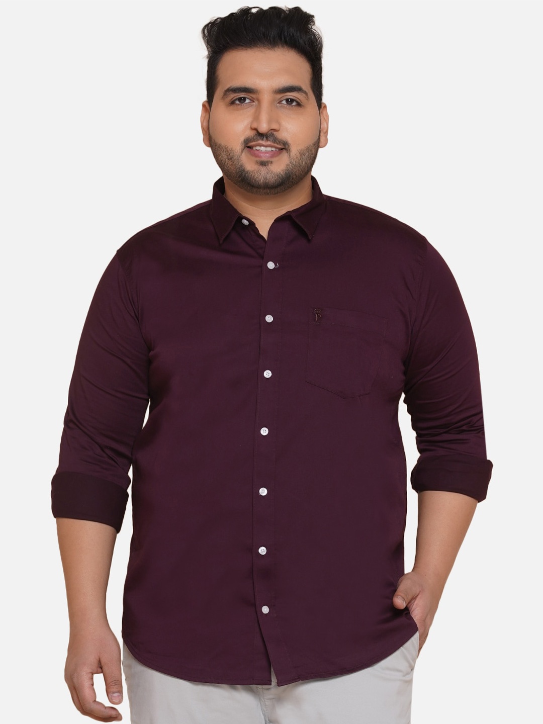 

John Pride Plus Size Satin Casual Shirt, Maroon