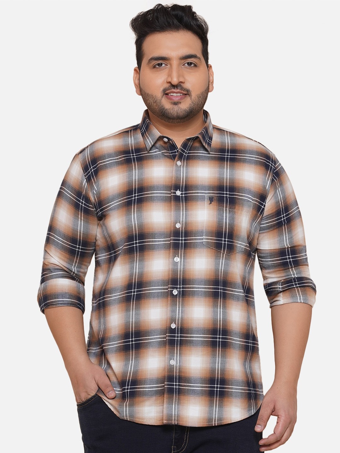 

John Pride Plus Size Tartan Checked Spread Collar Cotton Casual Shirt, Beige