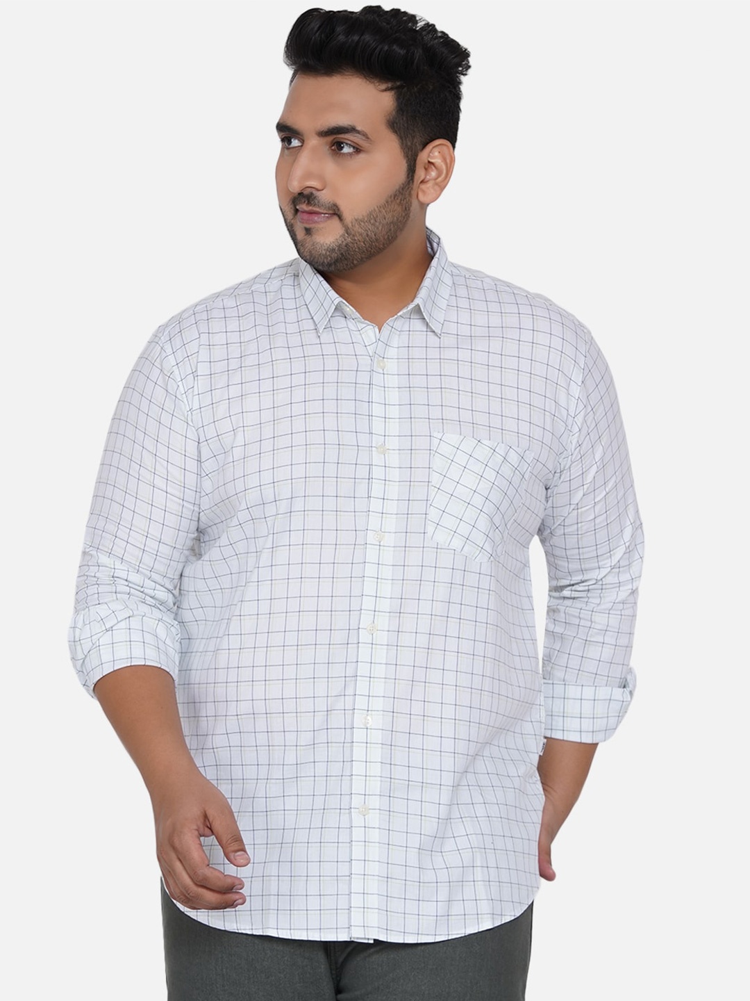 

John Pride Plus Size Windowpane Checked Spread Collar Cotton Casual Shirt, White