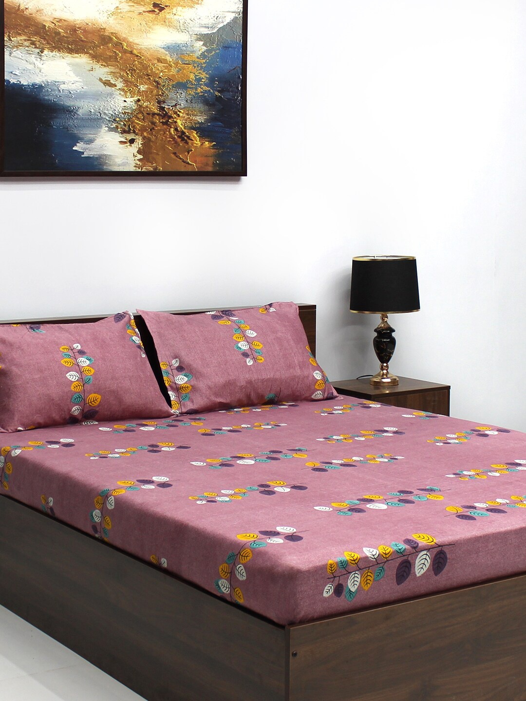 

BOMBAY DYEING Brown & Yellow Floral Cotton 144 TC Queen Bedsheet With 2 Pillow Covers