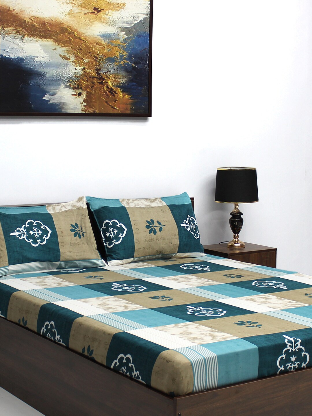 

BOMBAY DYEING Blue & Grey Floral Microfiber 144 TC Queen Bedsheet With 2 Pillow Covers