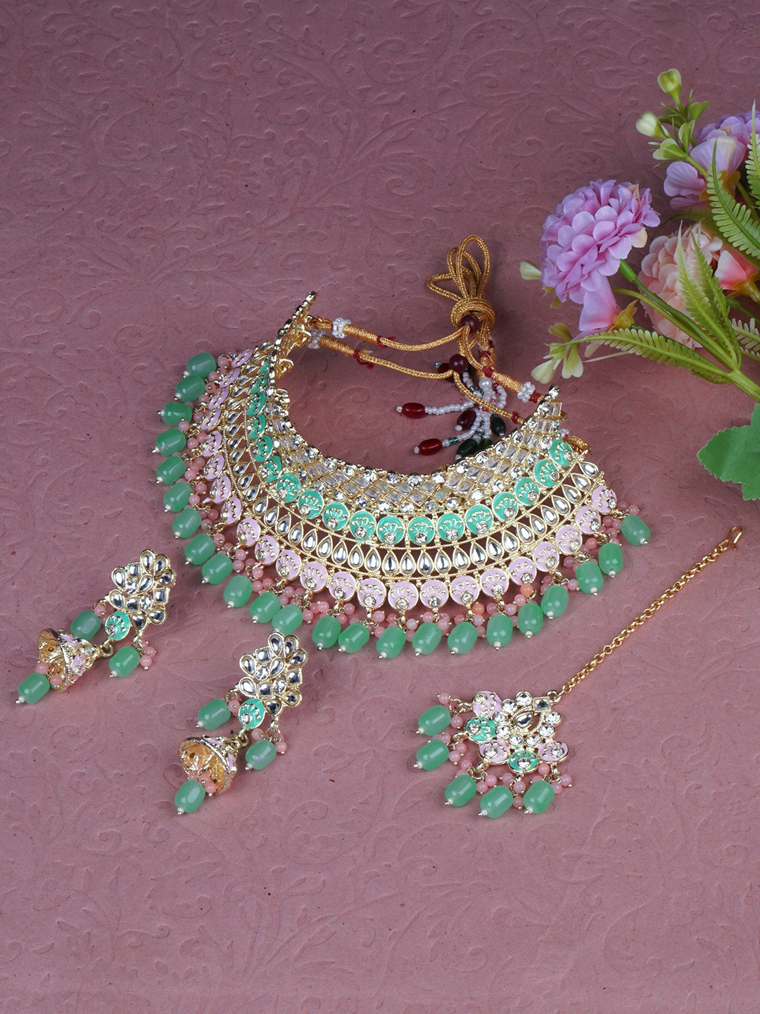 

Matushri Art Gold-Plated Turquoise Green and Pink Kundan Choker Bridal Jewellery Set