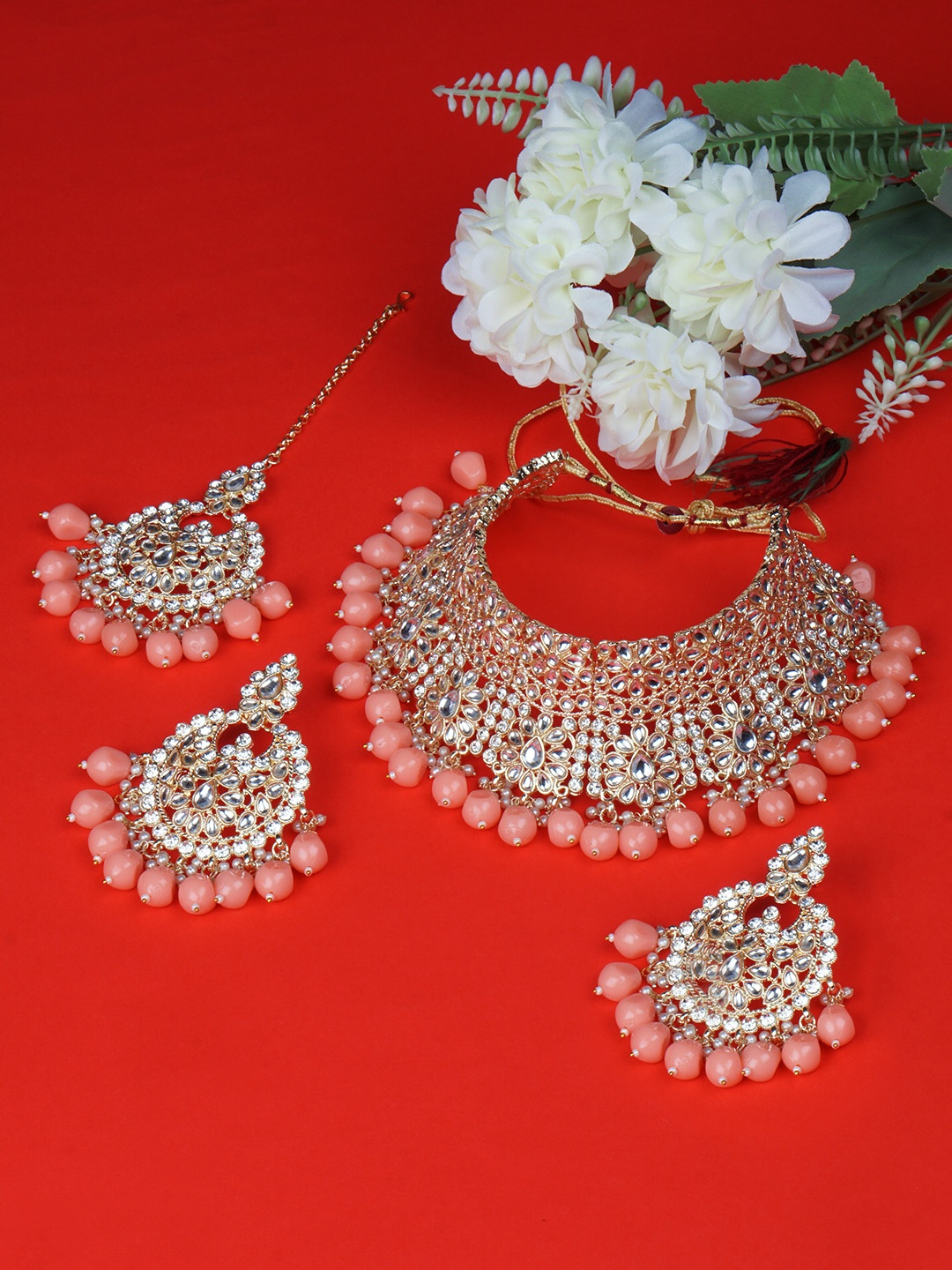 

Matushri Art Gold-Plated Peach-Coloured Kundan Choker Bridal Necklace set