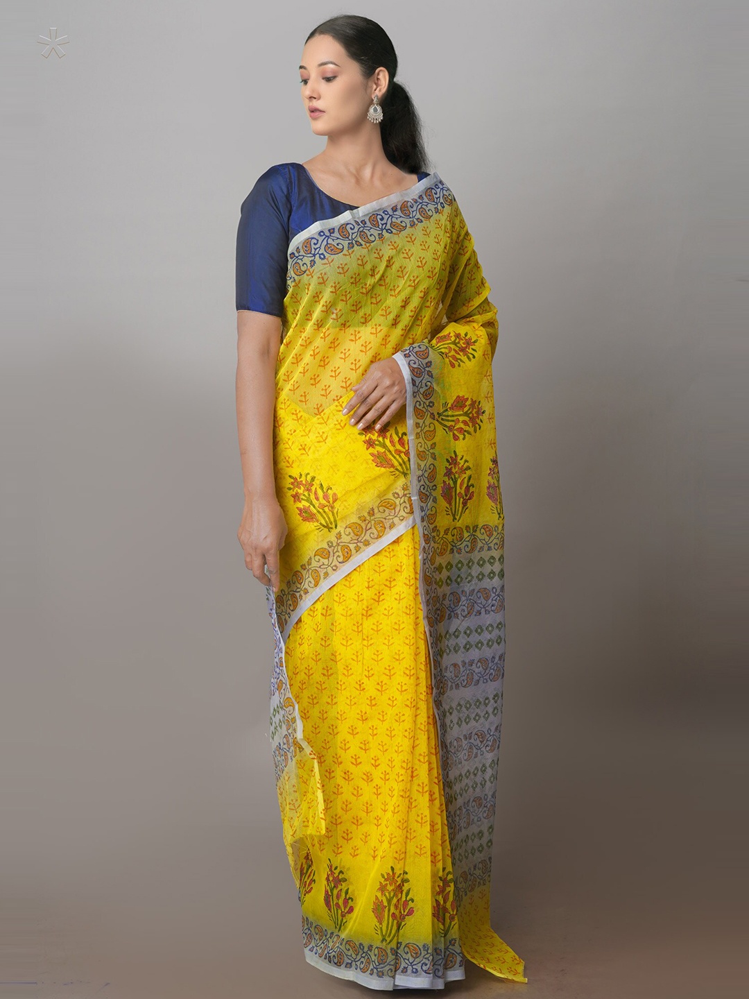 

Unnati Silks Floral Zari Supernet Block Printed Saree, Yellow