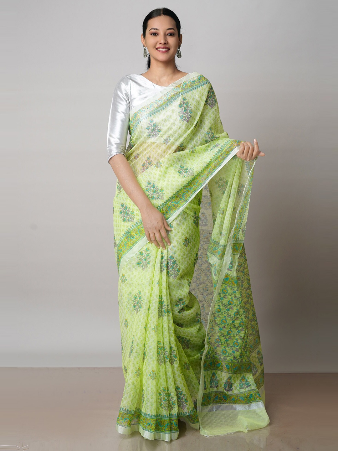 

Unnati Silks Floral Printed Zari Pure Cotton Handloom Kota Saree, Green