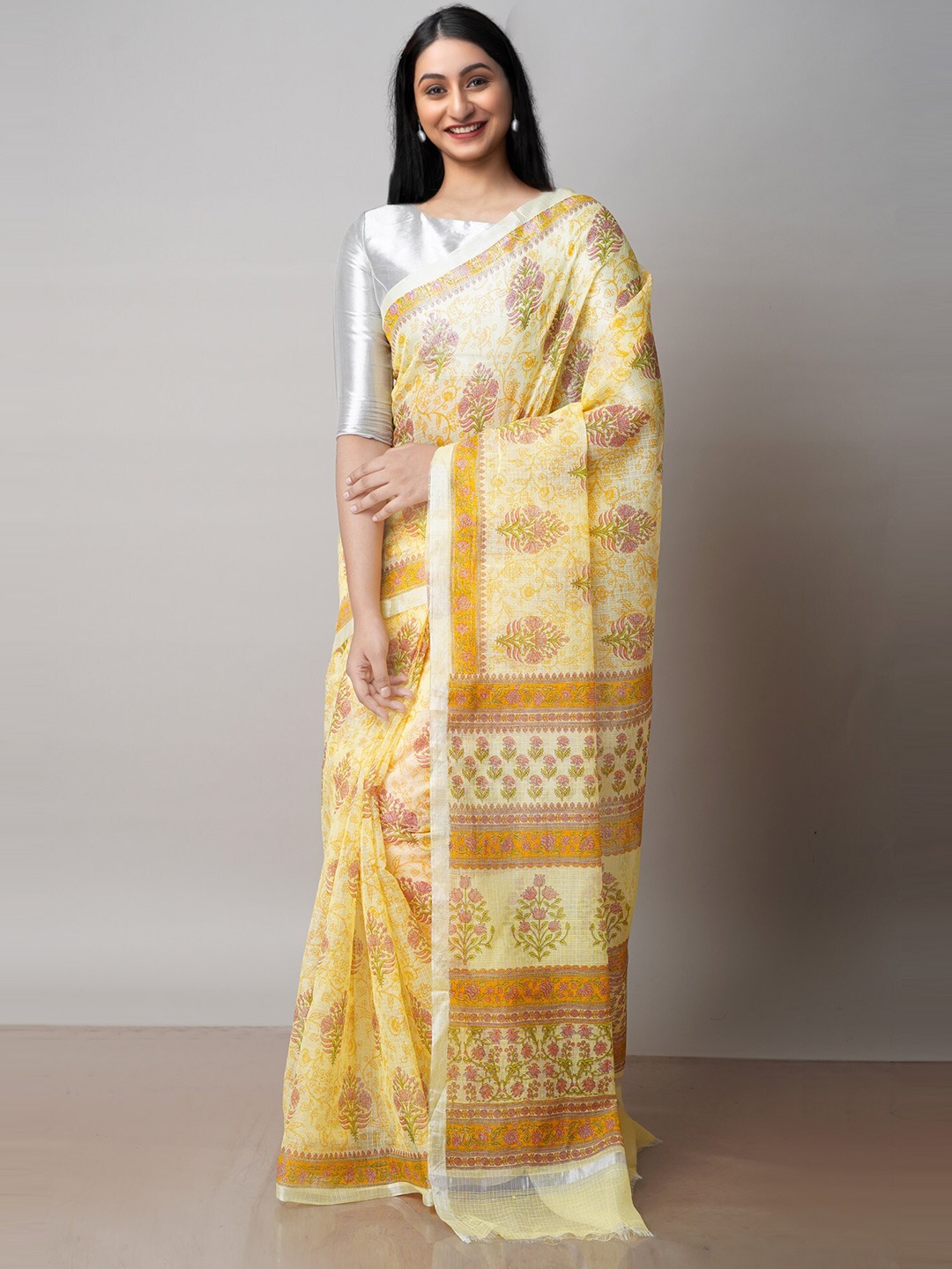 

Unnati Silks Floral Printed Zari Pure Cotton Kota Saree, Yellow