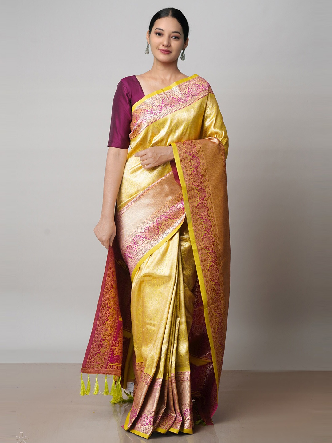 

Unnati Silks Ethnic Motif Woven Design Zari Kanjeevaram Saree, Yellow