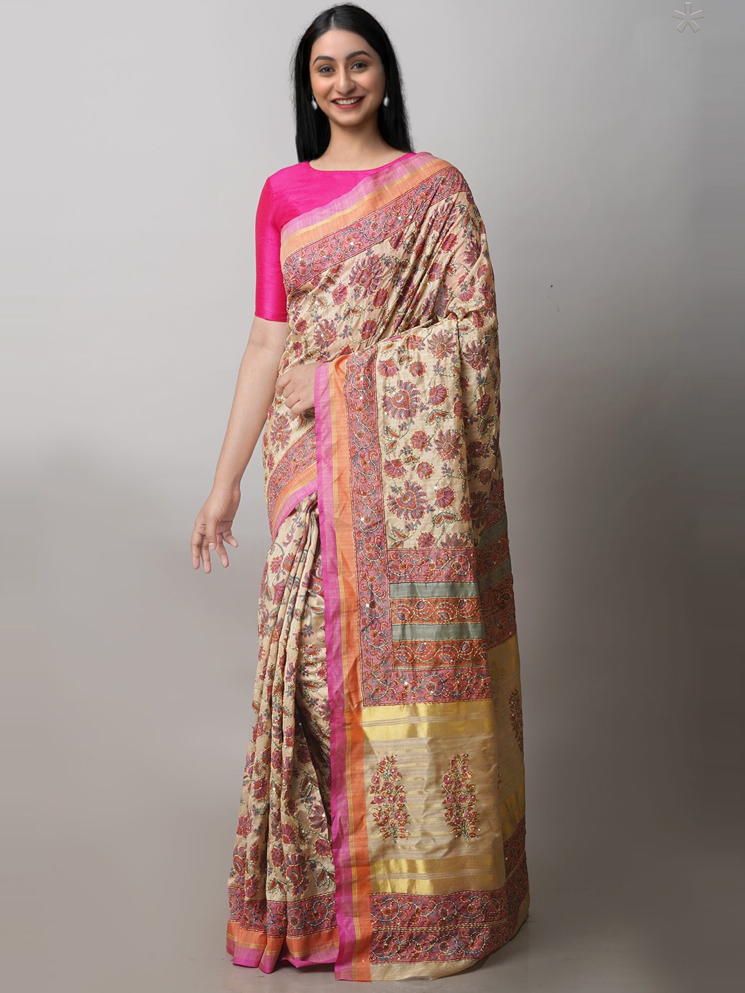 

Unnati Silks Floral Printed Embroidered Tussar Saree, Brown