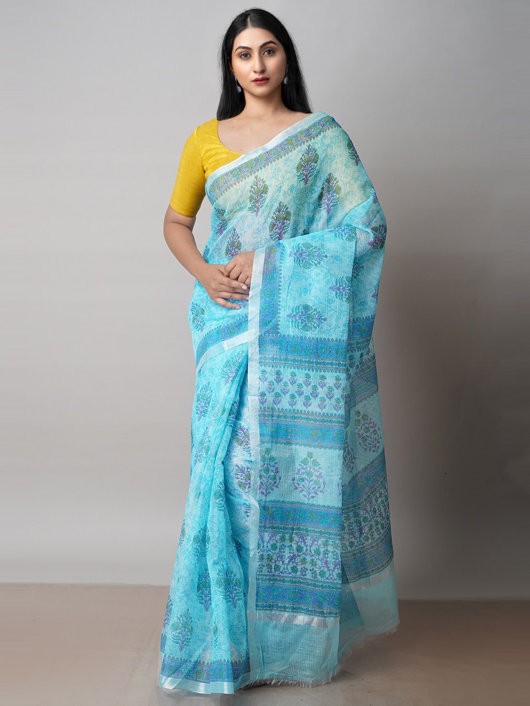 

Unnati Silks Floral Printed Zari Pure Cotton Handloom Kota Saree, Blue