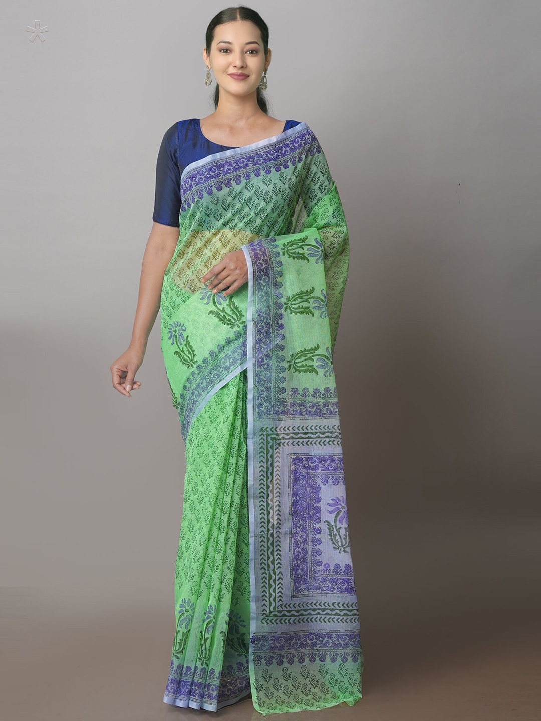 

Unnati Silks Floral Block Printed Zari Supernet Saree, Green