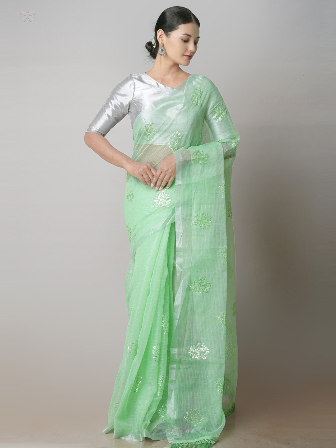 

Unnati Silks Floral Embroidered Sequinned Pure Cotton Handloom Kota Saree, Green