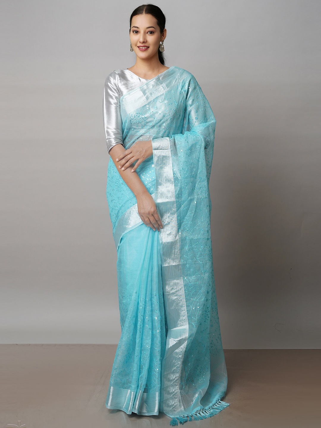 

Unnati Silks Floral Embroidered Sequinned Pure Cotton Handloom Kota Saree, Blue