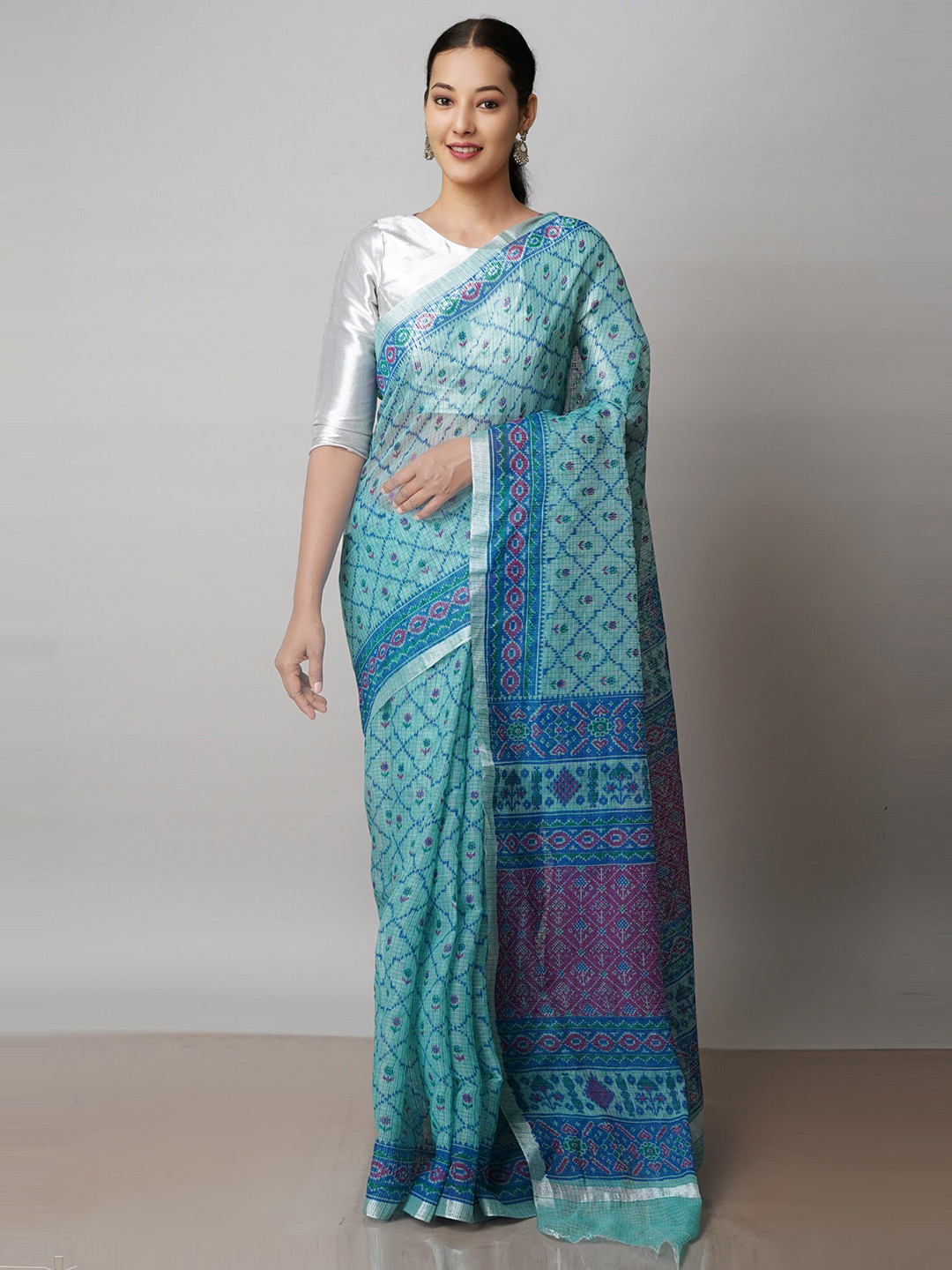 

Unnati Silks Floral Printed Zari Pure Cotton Handloom Kota Saree, Blue