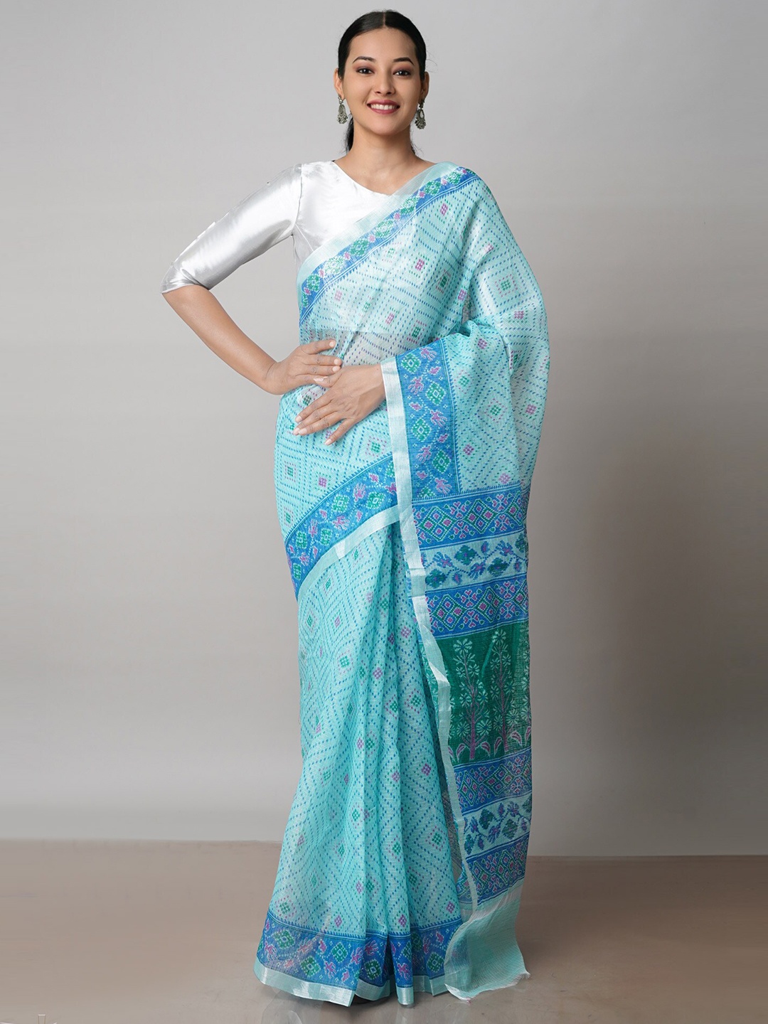 

Unnati Silks Ethnic Printed Zari Pure Cotton Handloom Kota Saree, Turquoise blue