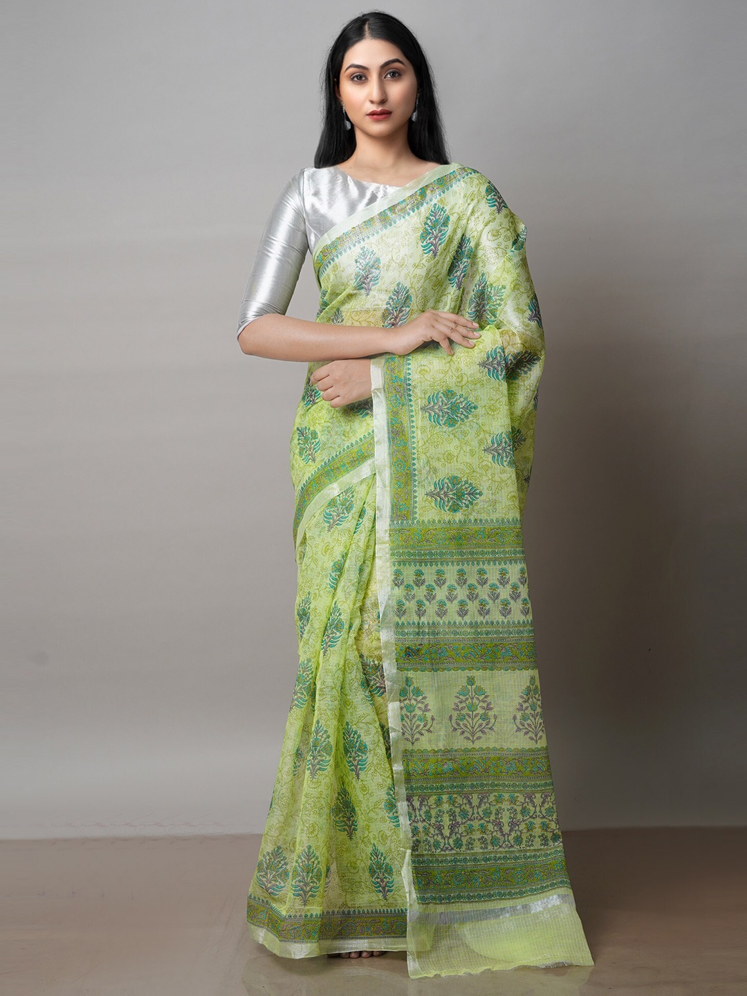 

Unnati Silks Floral Printed Zari Pure Cotton Handloom Kota Saree, Green